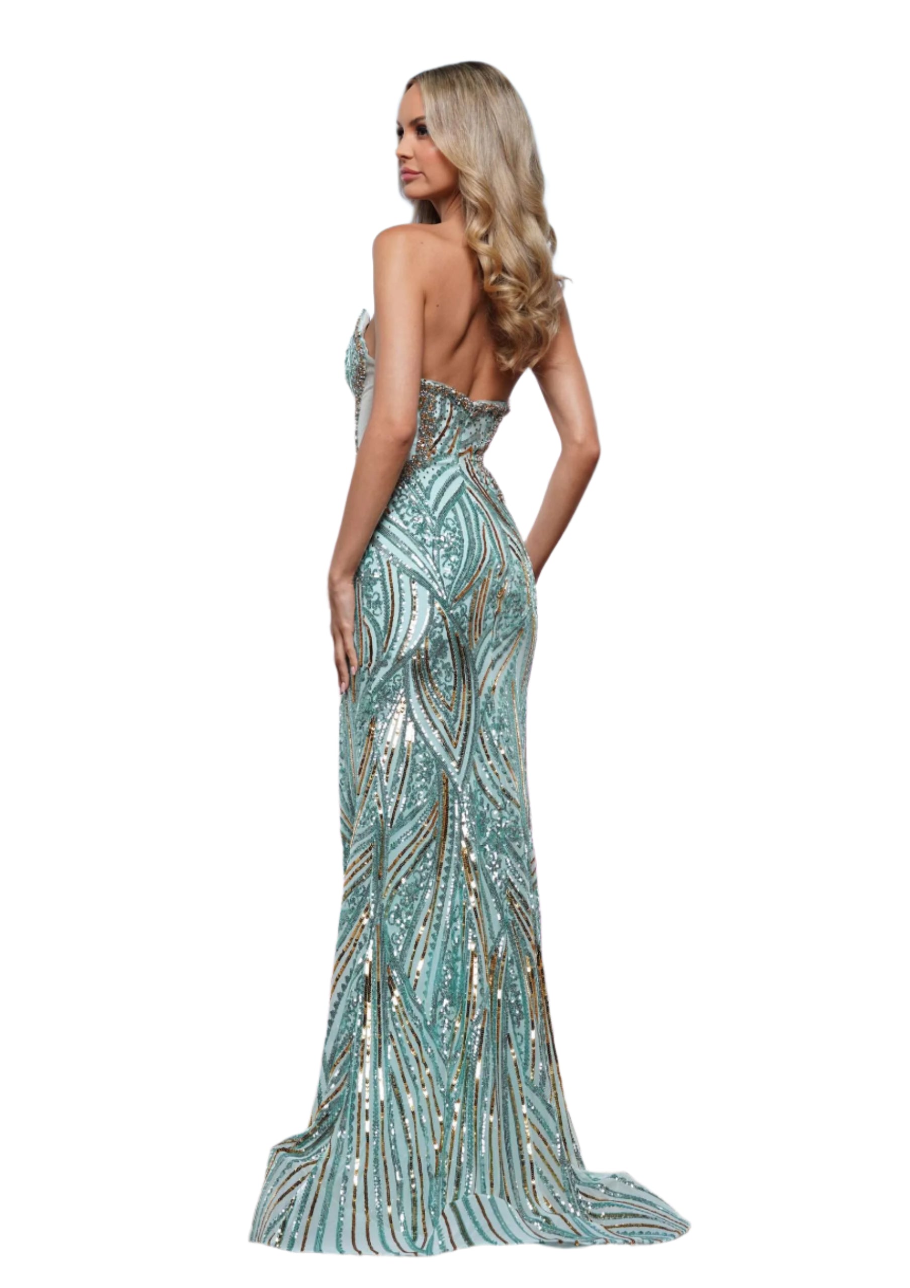 Expertly designed by Colors Dress, the 3537 Sequin Beaded cut Out Prom Dress offers a stunning balance of charm and elegance. The intricate sequin and beaded detailing, along with the V-neck and slit, create a flattering silhouette that is perfect for any formal occasion. Own the night in this pageant-worthy gown.

Sizes: 0-16

Colors: Sage, White, White/Gold