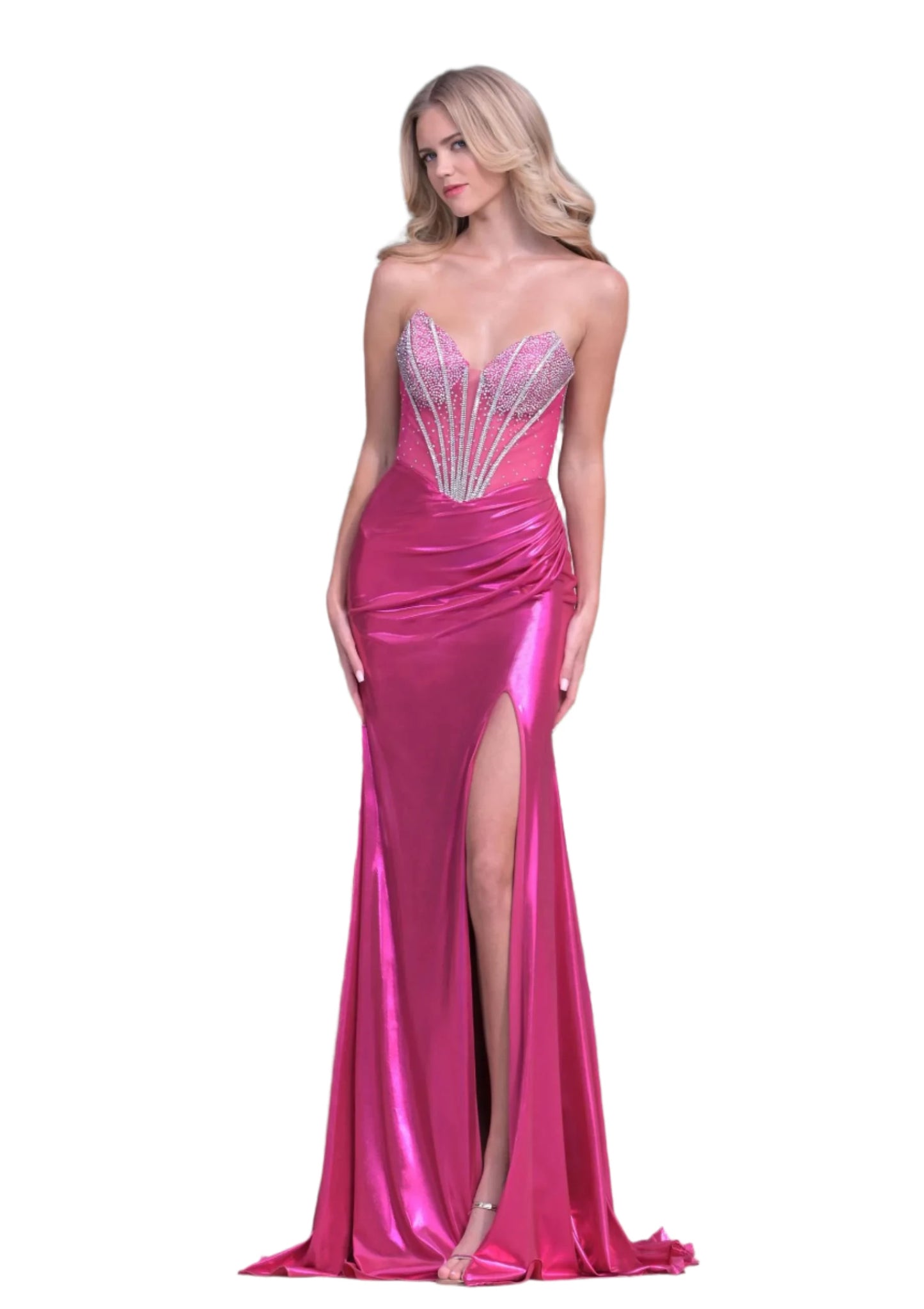 Expertly crafted, the Colors Dress 3551 is a stunning metallic prom dress with a sheer crystal corset and V-neckline. The ruched wrap detail and thigh-high slit create a chic, pageant-worthy look. Elevate your style with this glamorous gown, perfect for any special occasion.