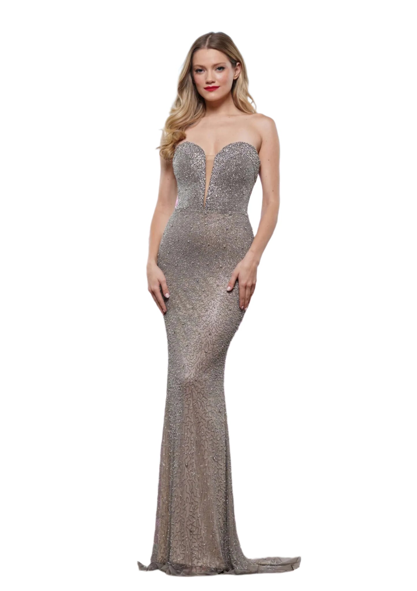 Expertly crafted with exquisite beadwork and a beautiful sweetheart neckline, this Colors Dress 3559 dress is the perfect choice for any formal or pageant event. The V-neckline adds a touch of elegance to the crystal detailing, making this gown a must-have for any fashion-forward woman.