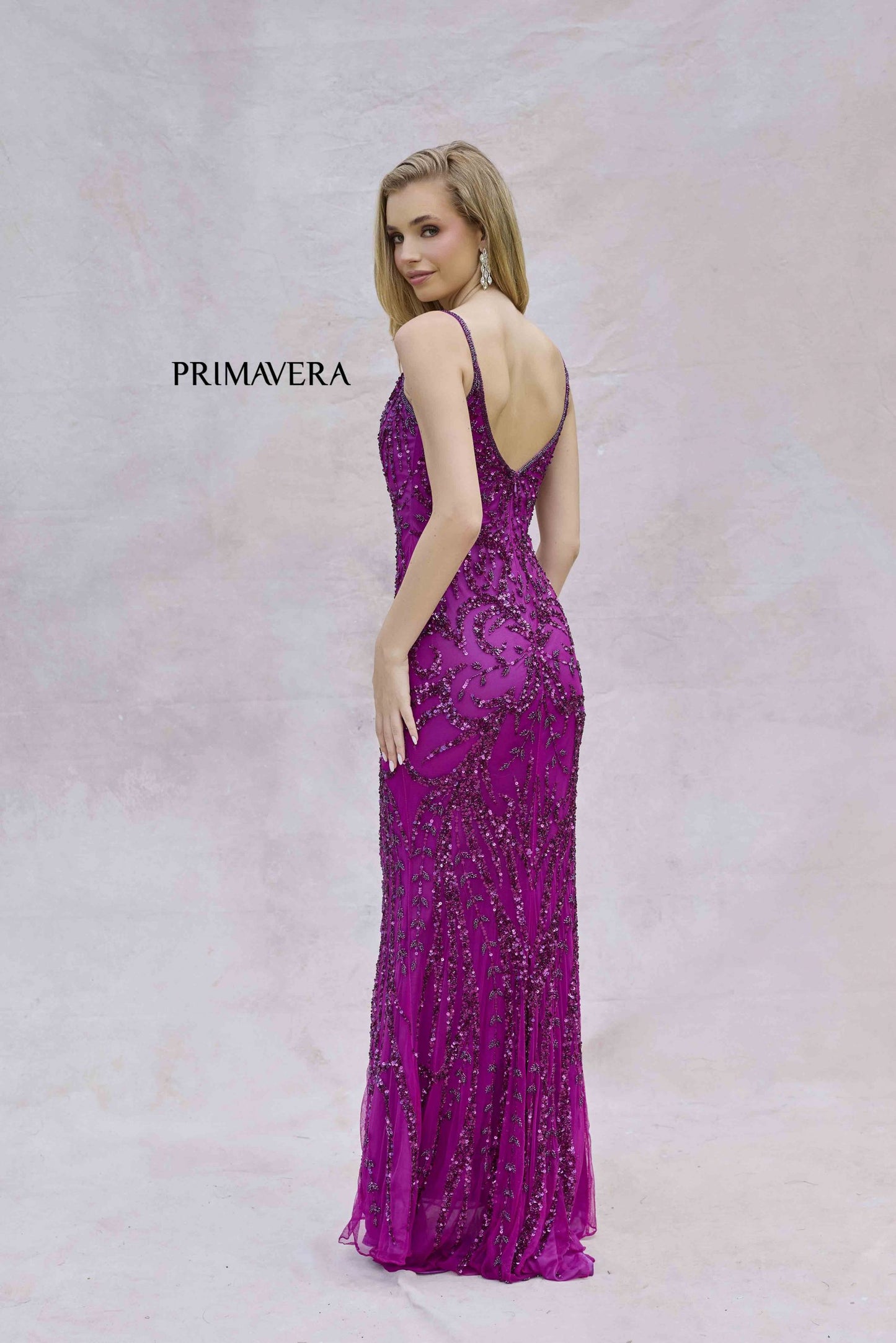 Primavera Couture 3793 Size 16 Grape Sequin Prom Dress Long V Neckline Fitted Sweeping Train