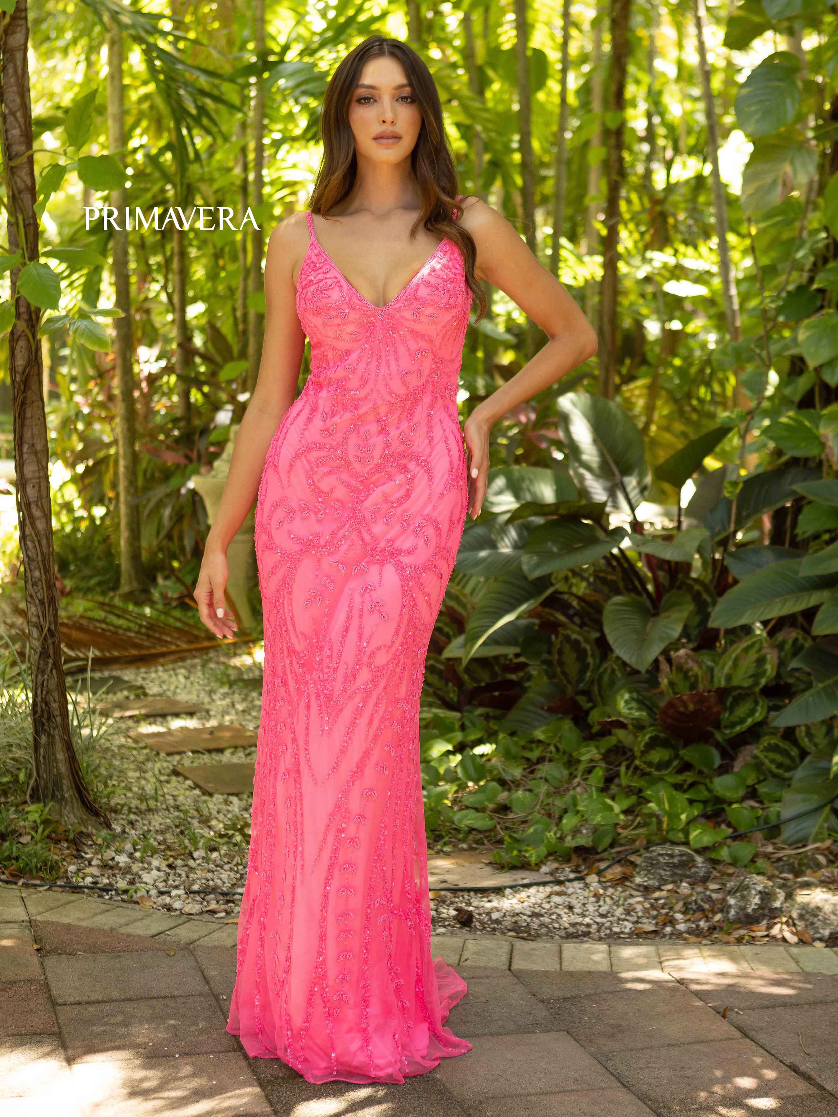 Primavera Couture 3793 Size 14 Neon Pink Sequin Prom Dress Long V Neck –  Glass Slipper Formals