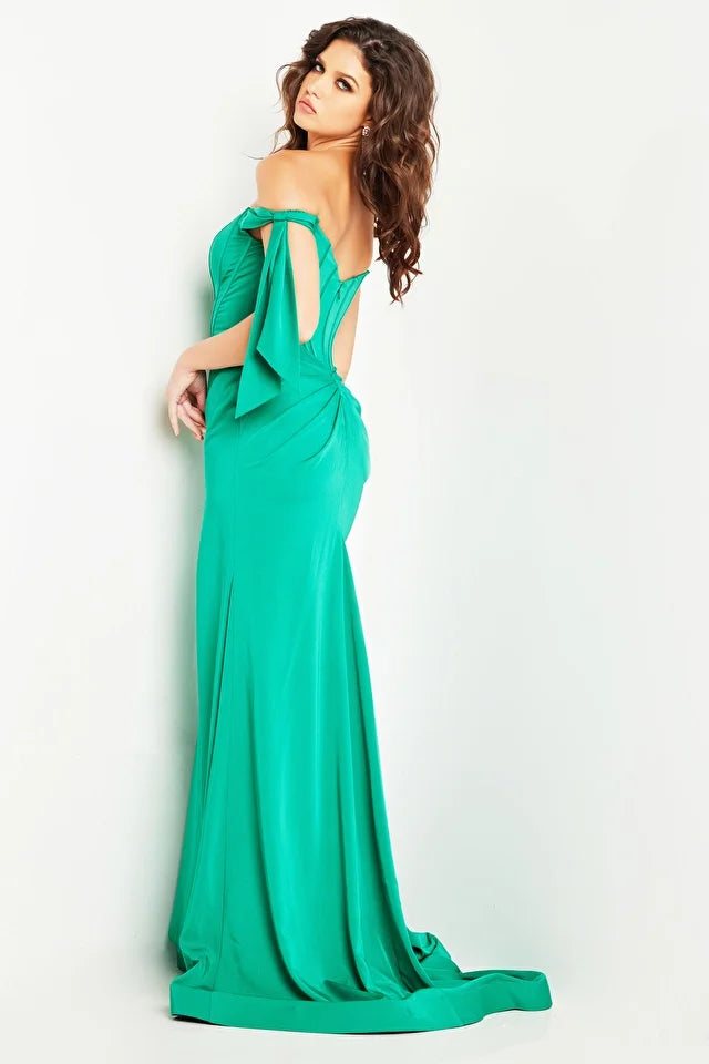 Off Shoulder Emerald Green Satin Long Prom Dresses with High Slit