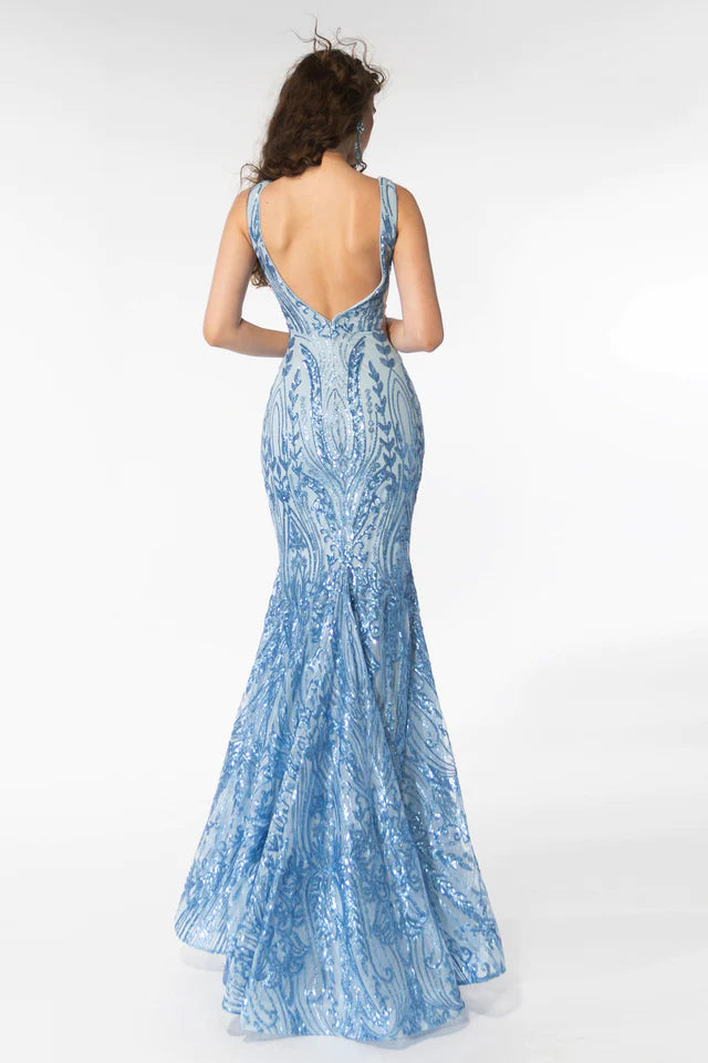 This elegant Ava Presley 39204 long prom dress is a perfect choice for any formal occasion. The fitted mermaid silhouette and plunging v neckline create a sophisticated and flattering look. Made with high-quality materials, it offers both comfort and style. You'll feel confident and stunning in this formal pageant gown.