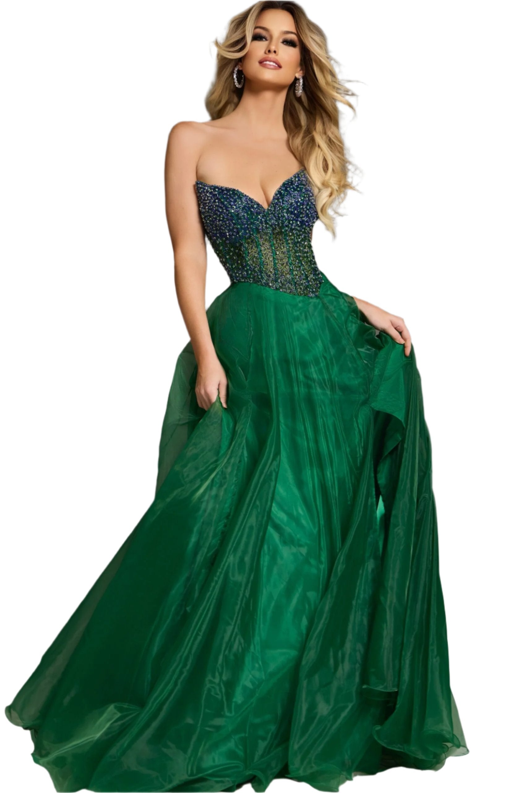 This Jovani 39650 pageant dress features a stunning beaded sheer corset with a pointed neckline and an asymmetrical waistline, creating an elegant and flattering A-line silhouette. The intricate beadwork adds a touch of sparkle, making it the perfect choice for any pageant or special occasion. Embrace your inner beauty and confidence with this beautifully designed dress.

Sizes: 00-14

Colors: Green