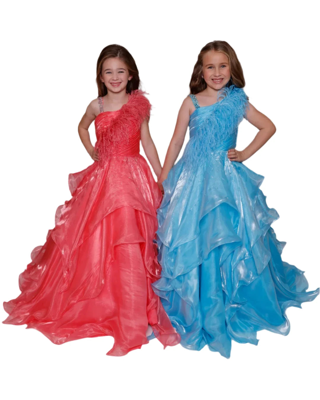 Expertly crafted for your little pageant princess, the Ava Presley Girls 39887 Long Shimmer Layer Pageant Dress is adorned with elegant feathers and crystal accents. Its one shoulder design adds a touch of sophistication to this stunning gown. She'll shine on stage with confidence and grace.