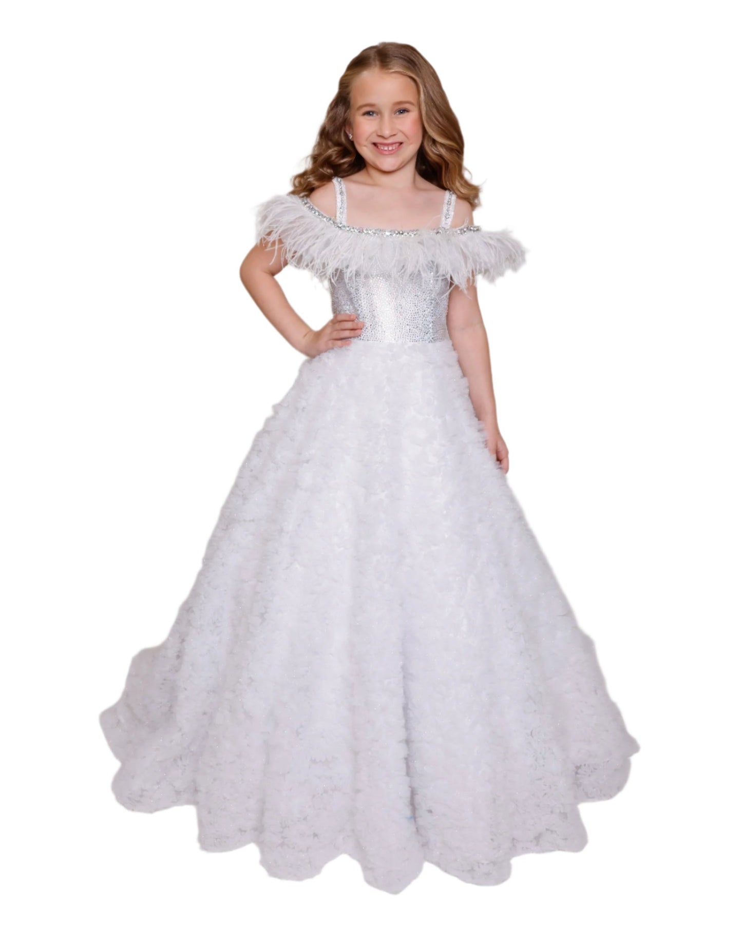 This Ava Presley 39894 Girls Pageant Dress features shimmering feather details and a crystal embellished off-the-shoulder neckline for a glamorous and elegant look. The ballgown silhouette is perfect for any formal occasion, making this dress a must-have for any young fashionista. Feel like a princess and stand out in this stunning dress. The Ava Presley 39894 