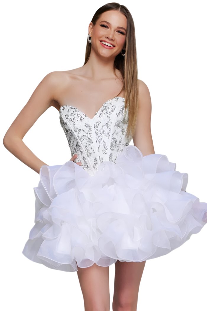 Expertly crafted by Jovani, the 39932 Short Beaded Corset Homecoming Dress exudes sophistication and elegance. With its intricate beadwork and ruffled skirt, this crystal strapless cocktail dress is sure to make a statement at any event. Embrace timeless style in this stunning piece.