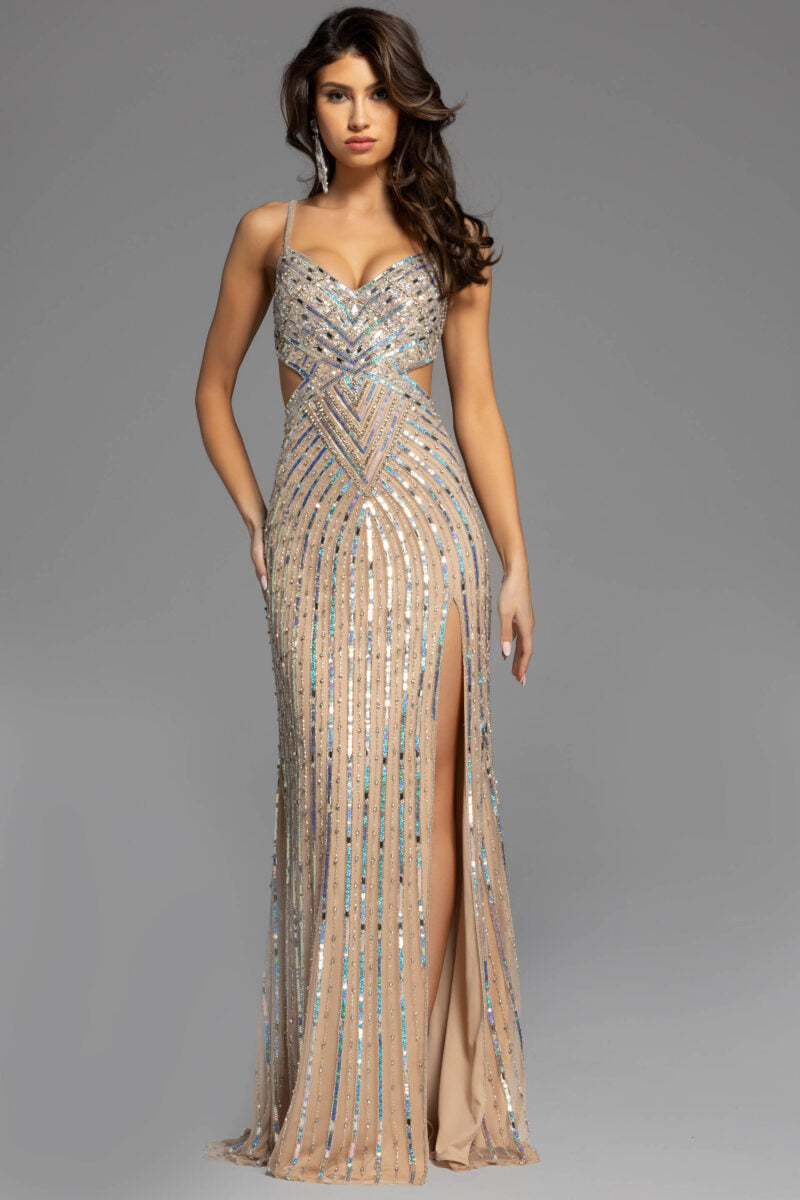 Jovani 40060 Long Sequin Cut Out Prom Dress Formal Crystal Gown Beaded Pageant