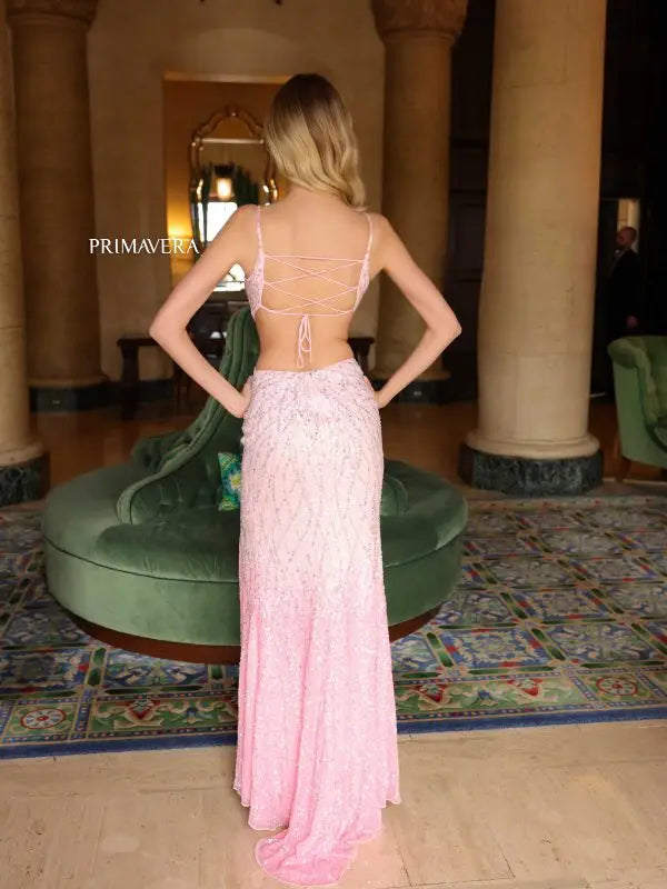 Primavera Couture 3960 Long Backless Corset Sequin Prom Dress Slit