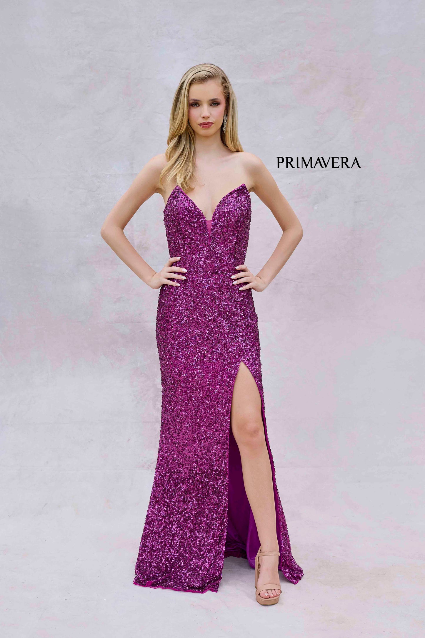 Primavera Couture 4192 Size 0 Grape Sequin Strapless Prom Dress Peak Point Pageant Gown Slit Formal