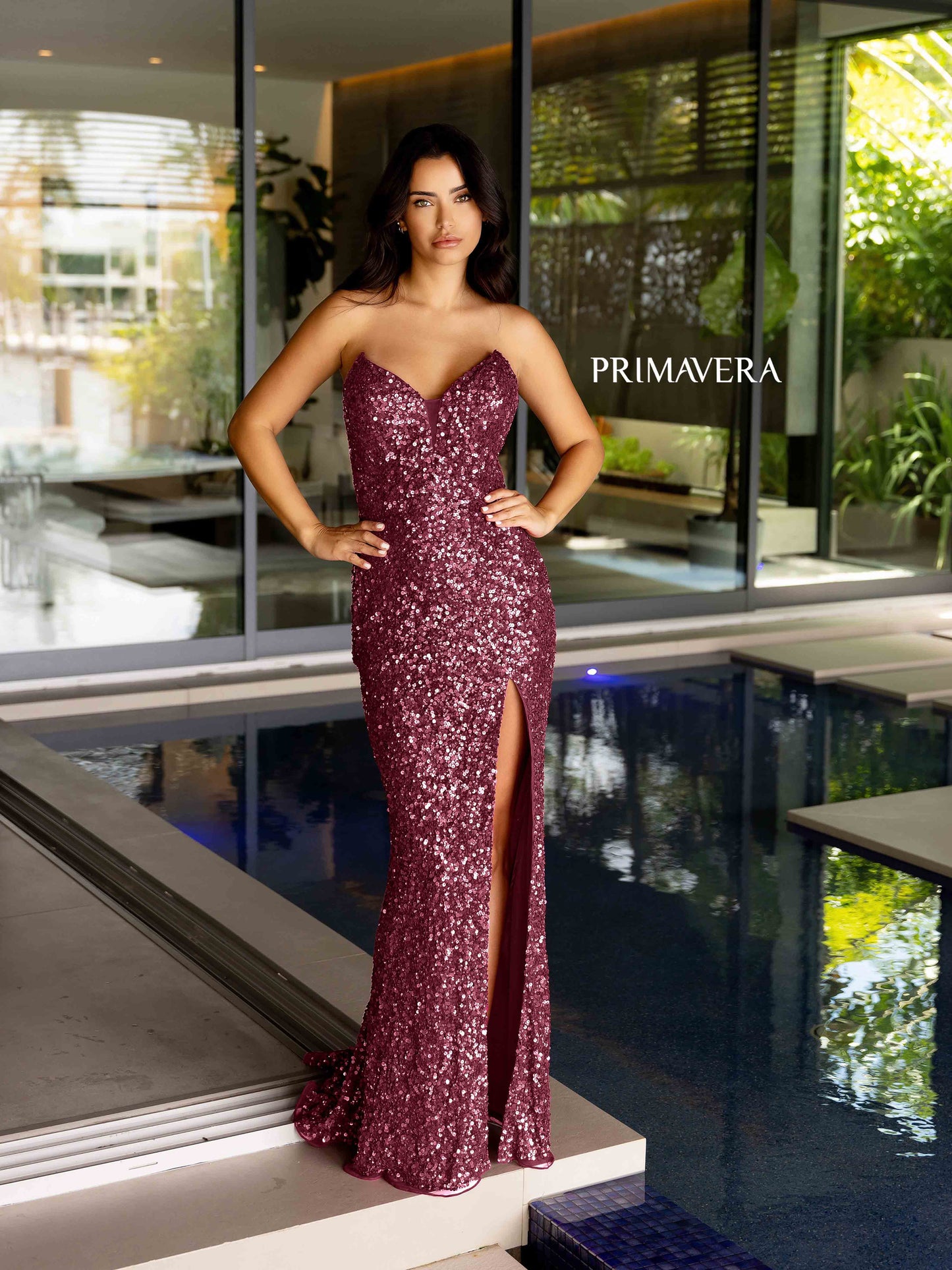 Primavera Couture 4192 Size 0 Grape Sequin Strapless Prom Dress Peak Point Pageant Gown Slit Formal