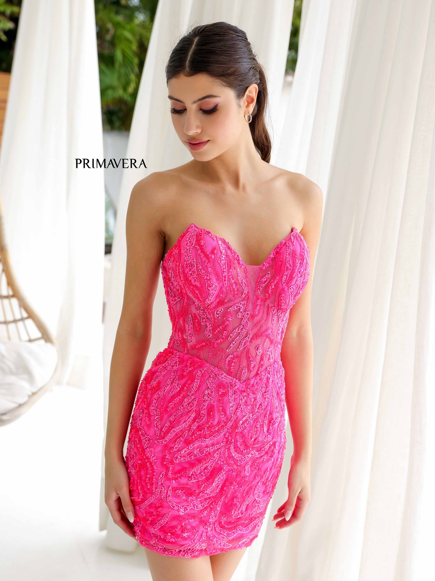 Primavera Couture 4222 Short Homecoming Dress Sheer Sequin Corset Cocktail Formal Gown