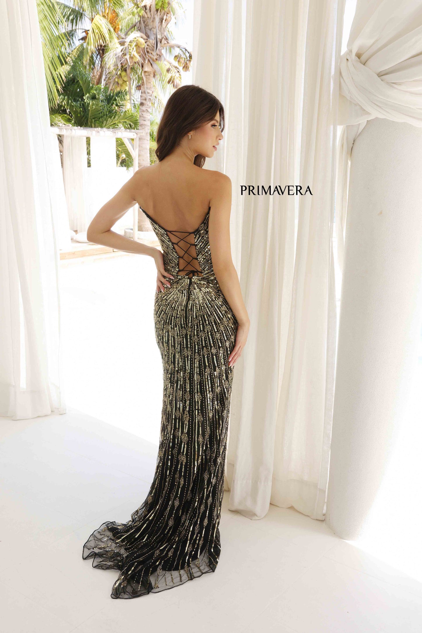 Primavera Couture 4301 Size 12 Black Gold Long Sequin Beaded Slit Prom Dress V Neck Strapless Formal Pageant Gown