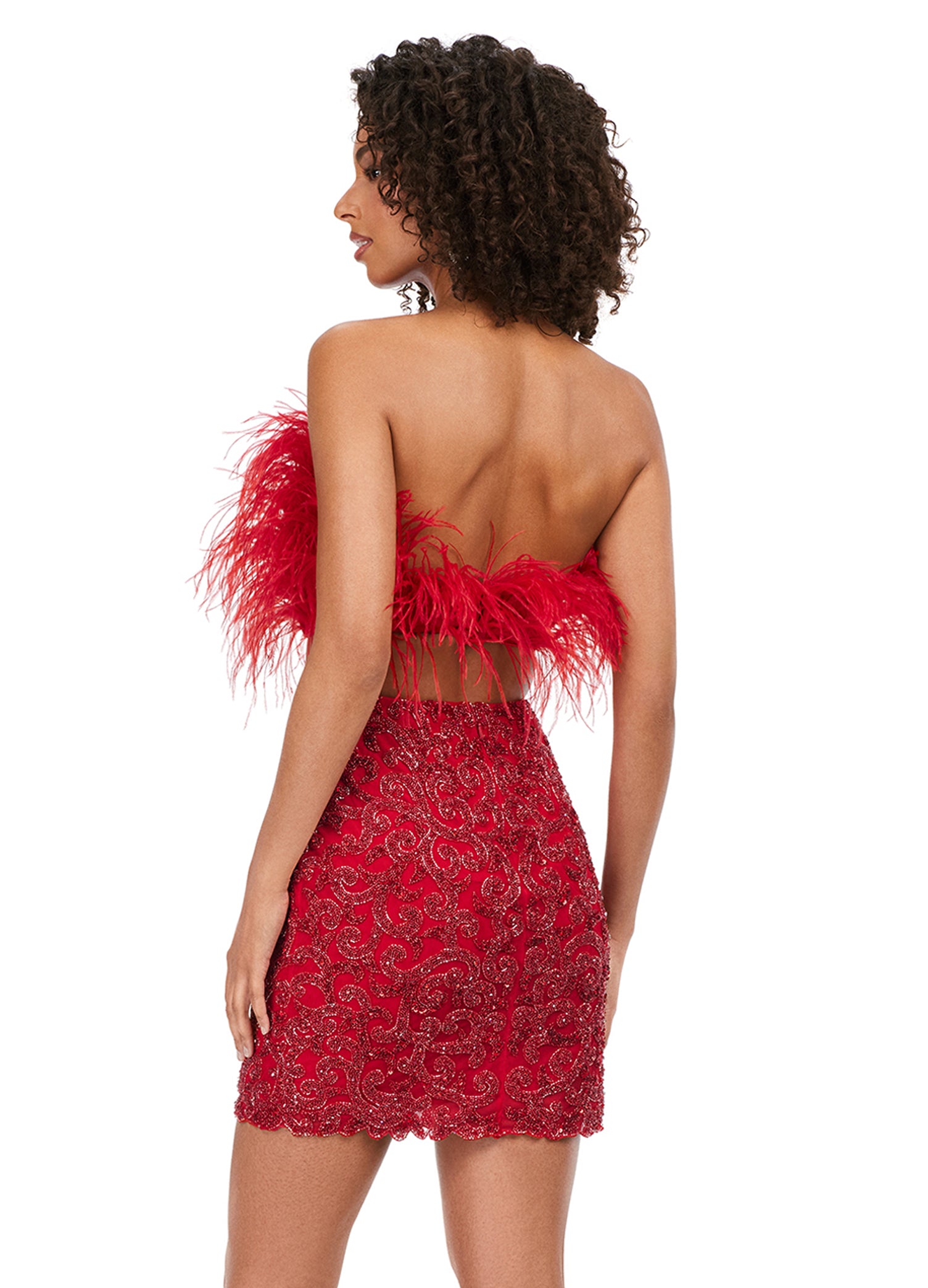 Ashley Lauren 4599 Short Two Piece Beaded Skirt Feather Bodice Formal Cocktail Dress  Homecoming This two piece set features a fully beaded skirt and fully feathered top, the perfect pair! This gorgeous piece is a must for your closet! Strapless Feather Bustier Two-Piece Fitted Skirt Sizes: 00-16 Colors:  Sky, Candy Pink, Ivory, Lilac, Red