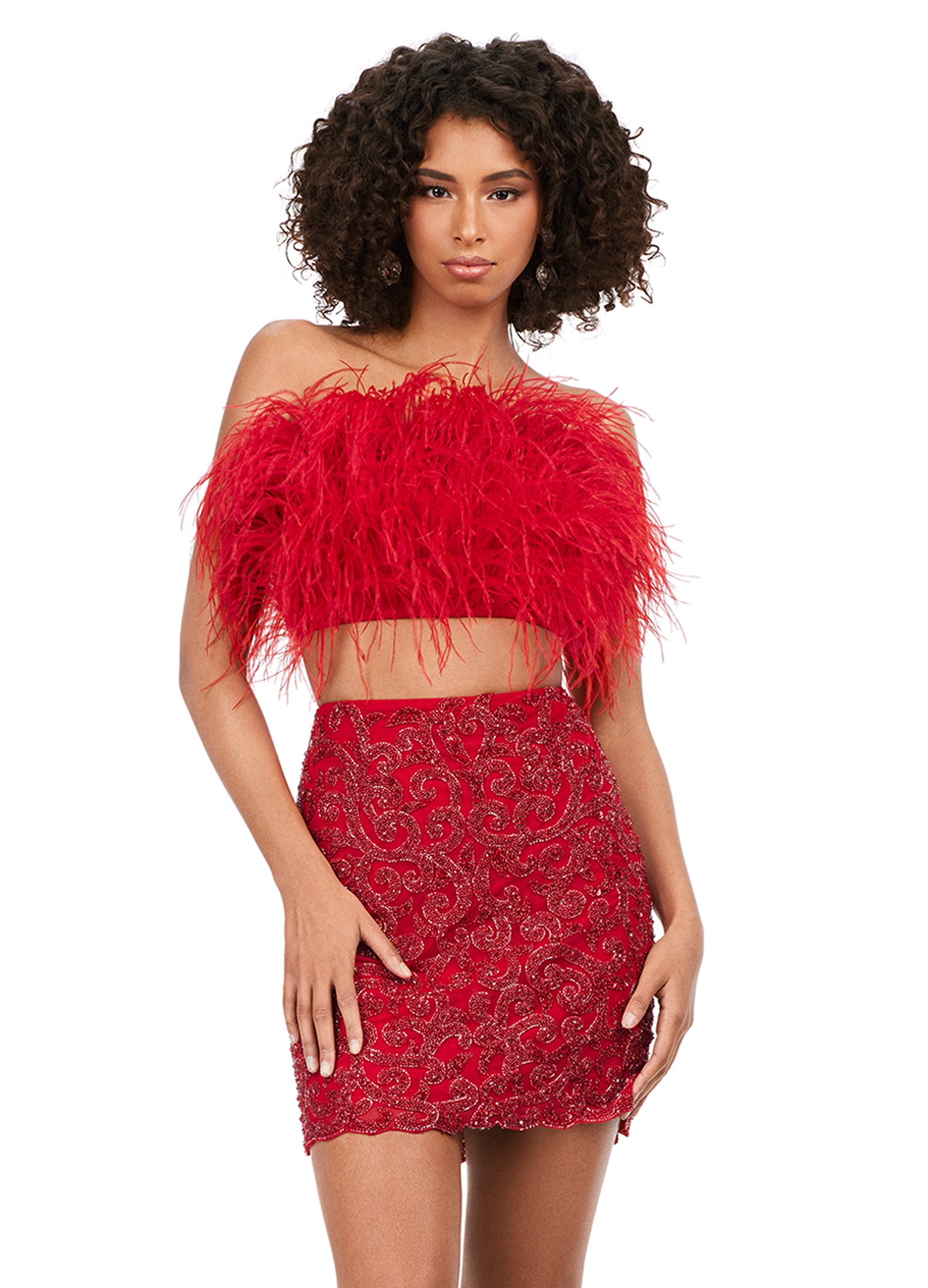 Ashley Lauren 4599 Short Two Piece Beaded Skirt Feather Bodice Formal  Cocktail Dress