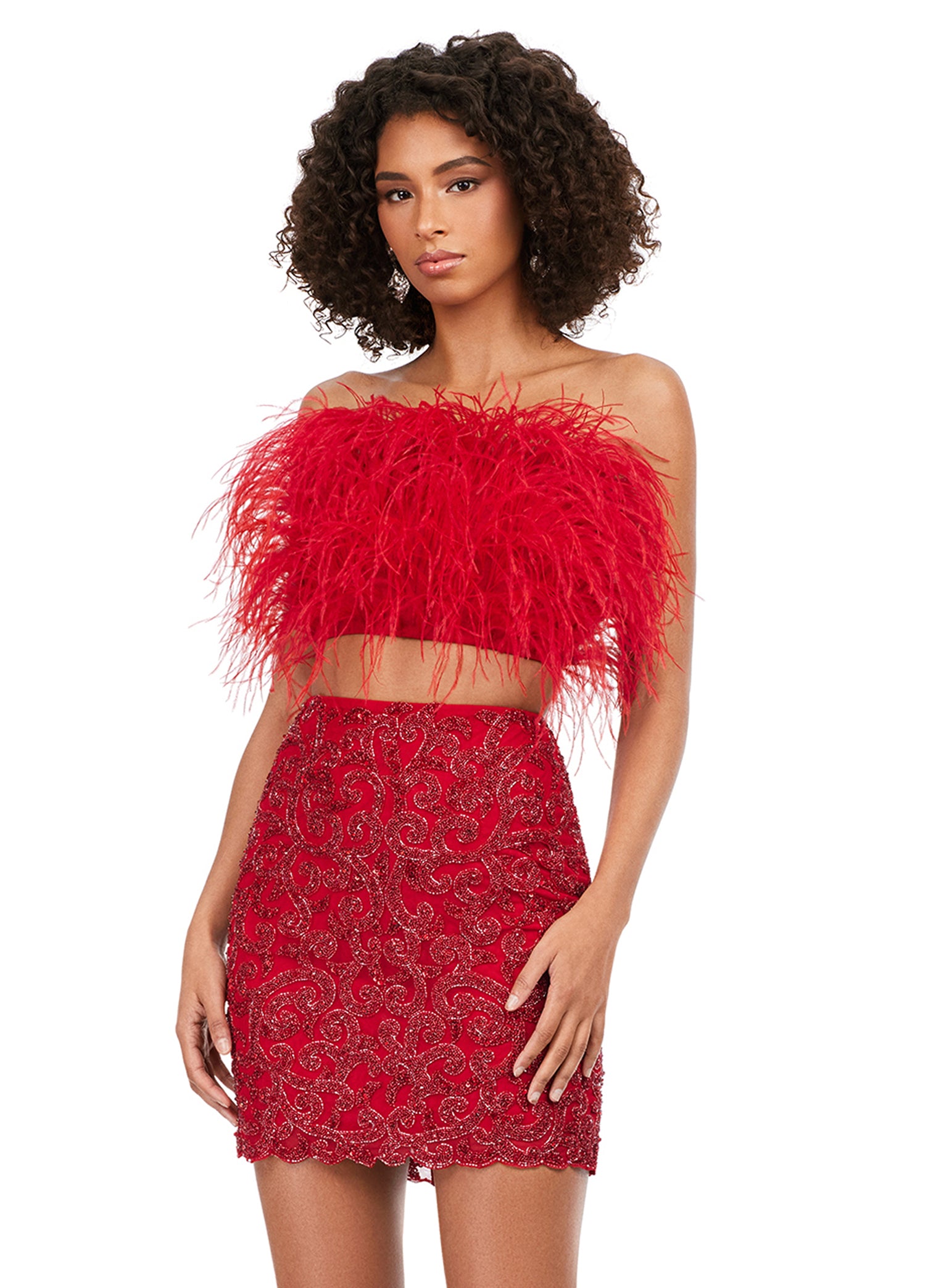 Ashley Lauren 4599 Short Two Piece Beaded Skirt Feather Bodice