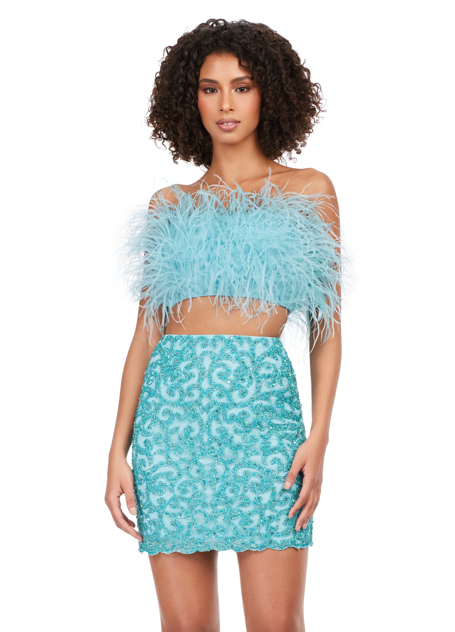 Ashley Lauren 4599 Short Two Piece Beaded Skirt Feather Bodice Formal  Cocktail Dress