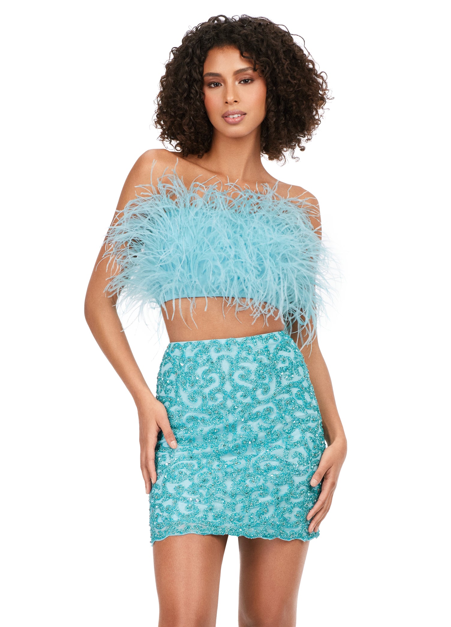 Ashley Lauren 4599 Short Two Piece Beaded Skirt Feather Bodice Formal  Cocktail Dress