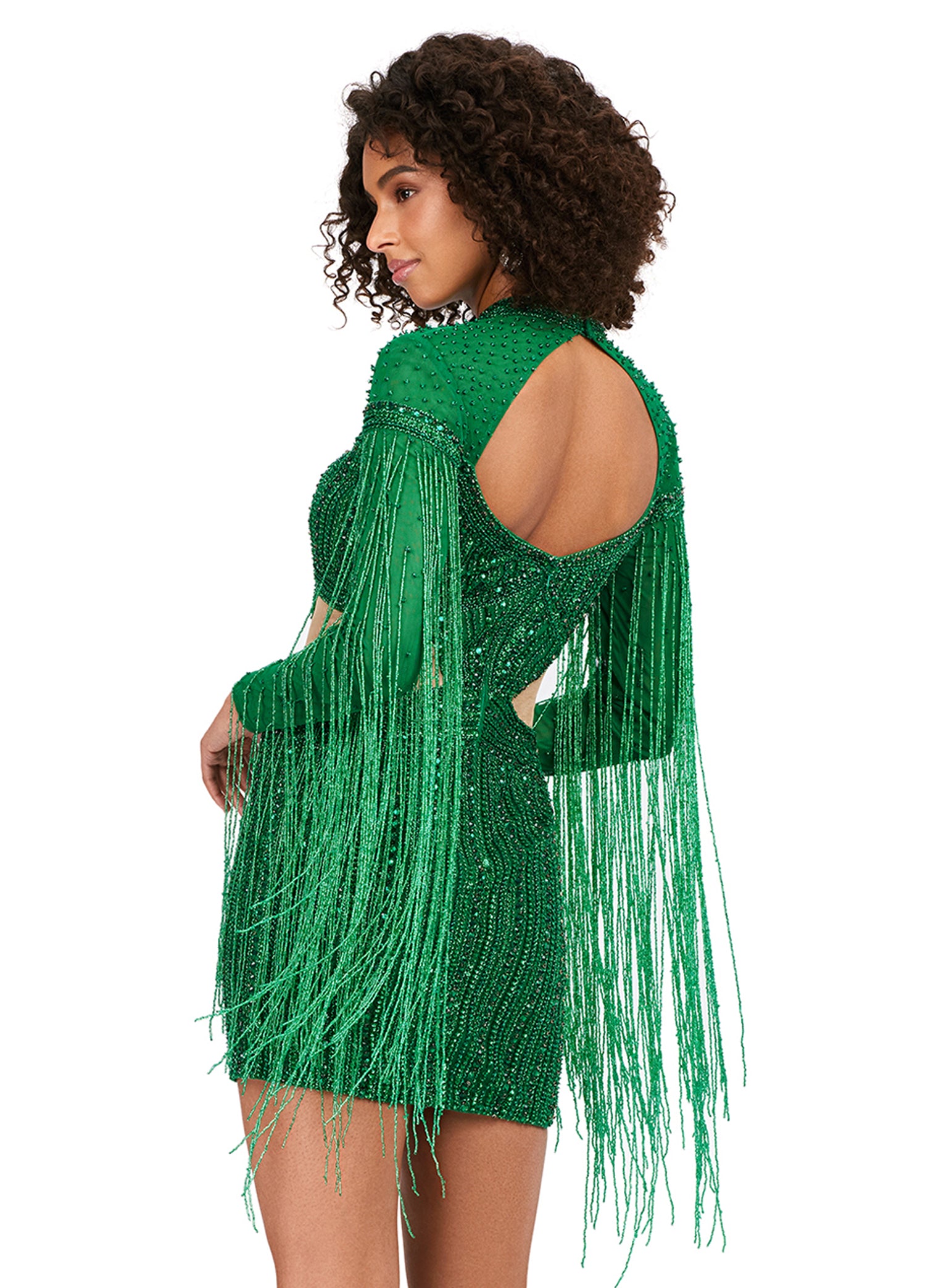 Ashley Lauren 4601 Long Sleeve Cutout Beaded Fringe Backless Cocktail –  Glass Slipper Formals