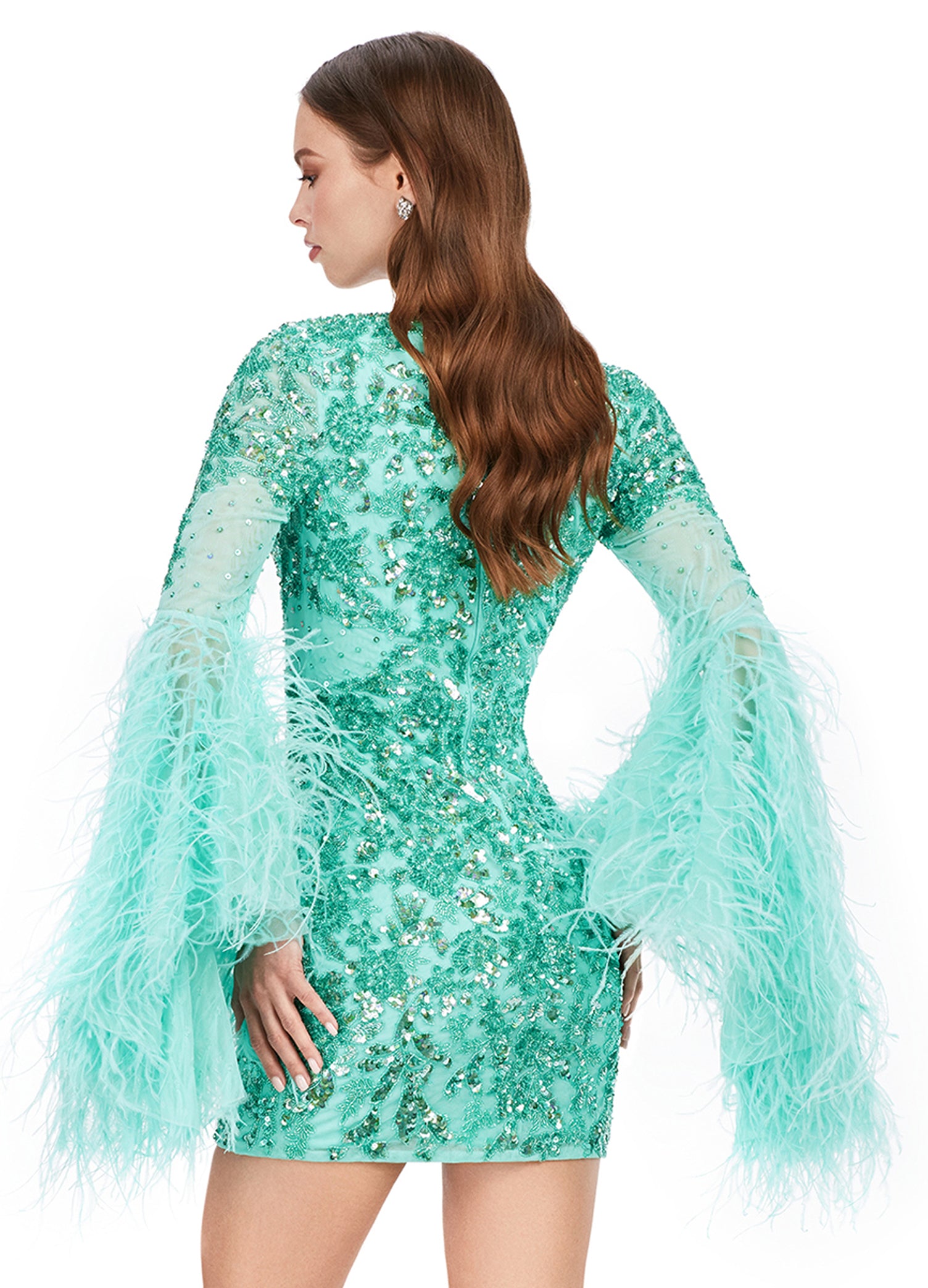 Ashley Lauren 4603 Short Beaded Sequin Long Feather Bell Sleeve Formal –  Glass Slipper Formals