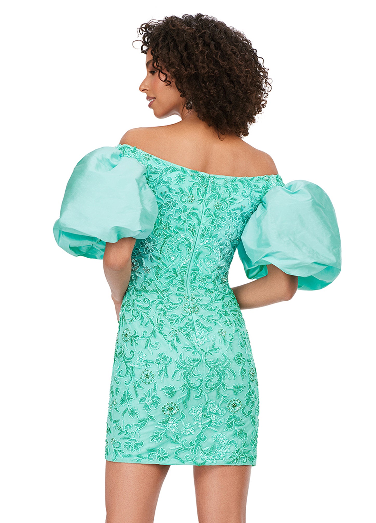 Ashley Lauren 4609 Off The Shoulder Puff Sleeve Beaded Fitted Cocktail Homecoming Dress. This off the shoulder gown is complete with puff sleeves. With beautiful beading throughout, this dress is perfect for any occasion!