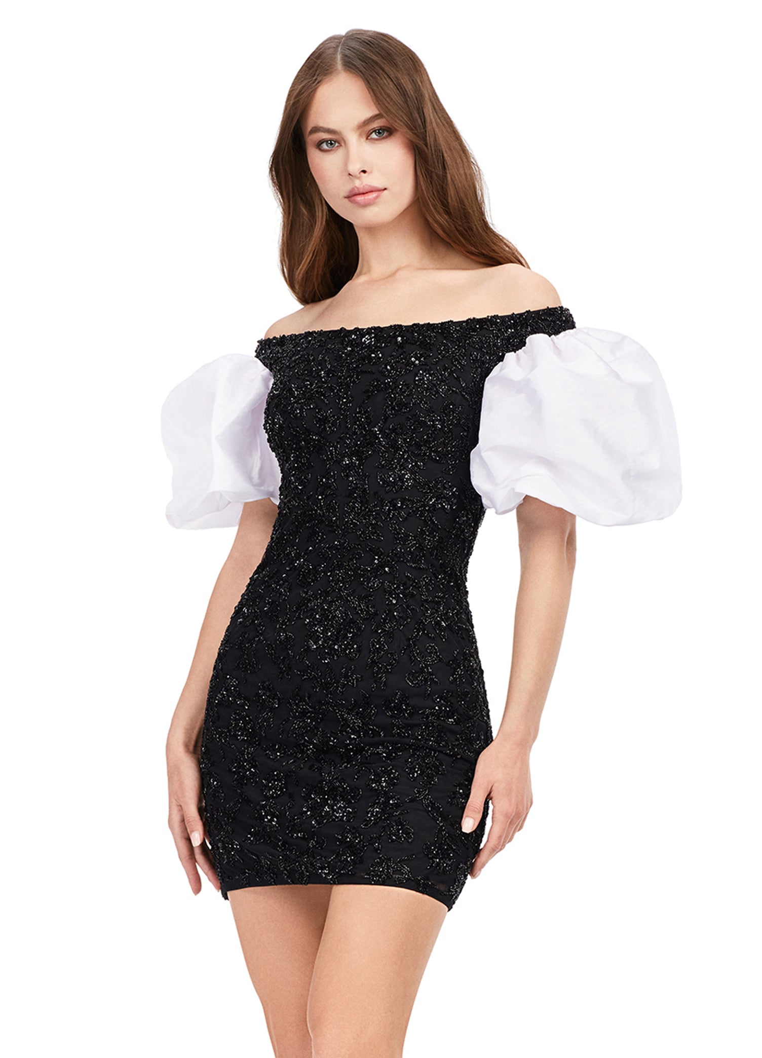 Ashley Lauren 4609 Off The Shoulder Puff Sleeve Beaded Fitted Cocktail  Homecoming Dress