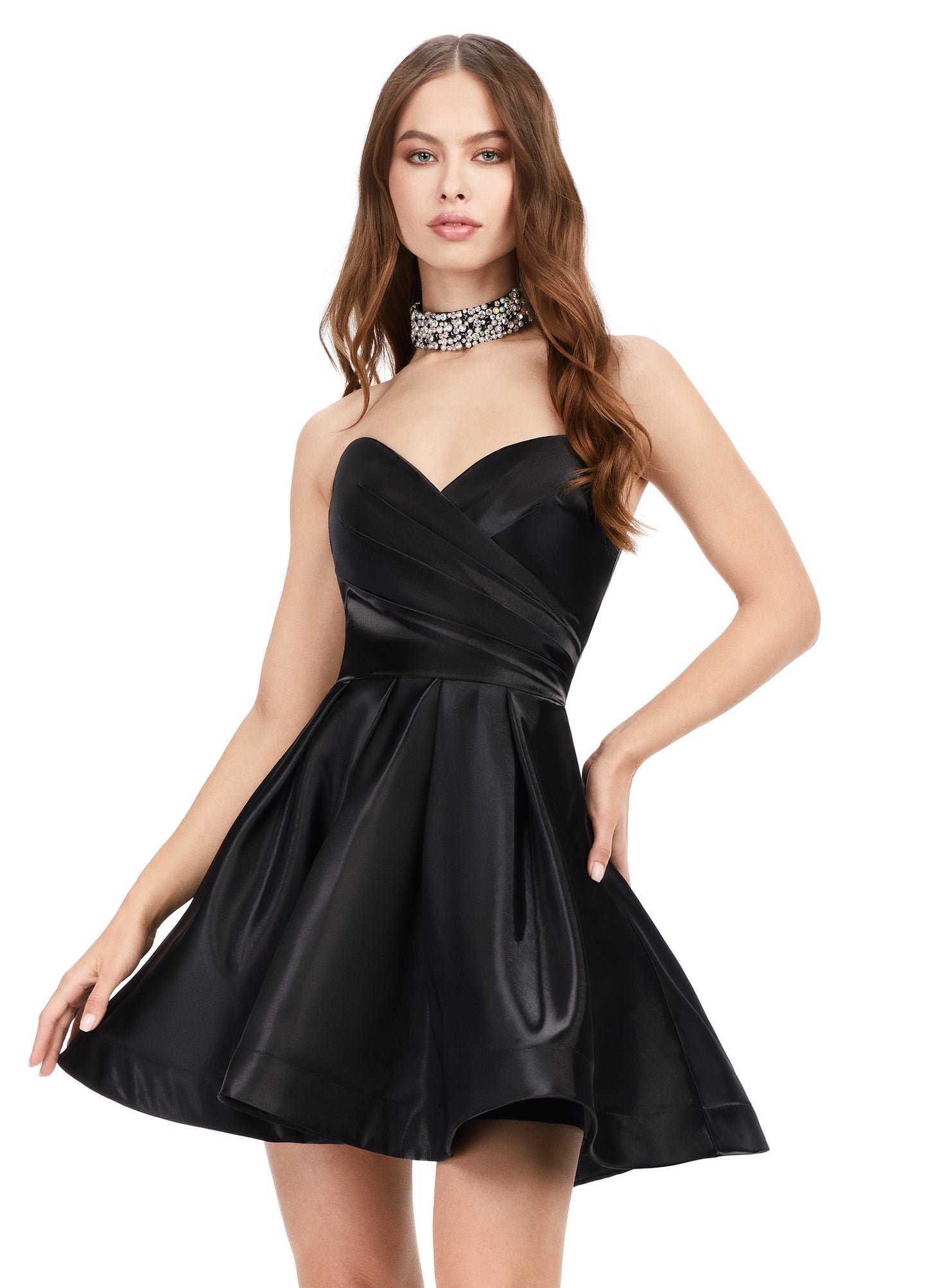 Ashley Lauren 4644 Strapless Satin A-Line Skirt Fully Beaded Choker Cocktail Homecoming Dress. This strapless sweetheart cocktail dress features an A-line skirt and a fully-beaded choker.