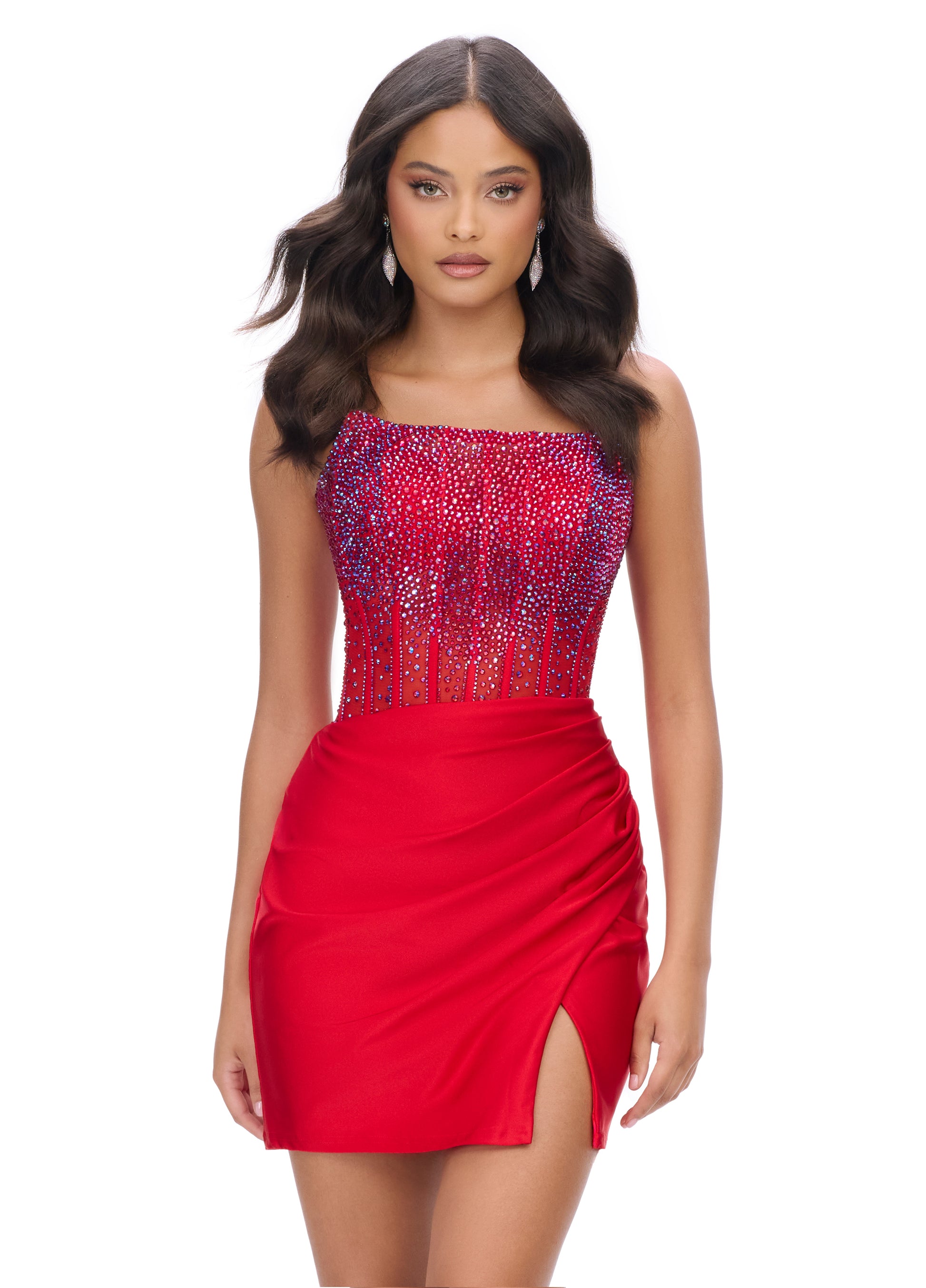 Achieve a stunning look with the Ashley Lauren 4686 Short Sheer Crystal Homecoming Dress. This formal gown features a corset boning for a flawless fit. The scoop neck design adds a touch of elegance, while the sheer crystal detailing adds a subtle sparkle. Perfect for any special occasion.