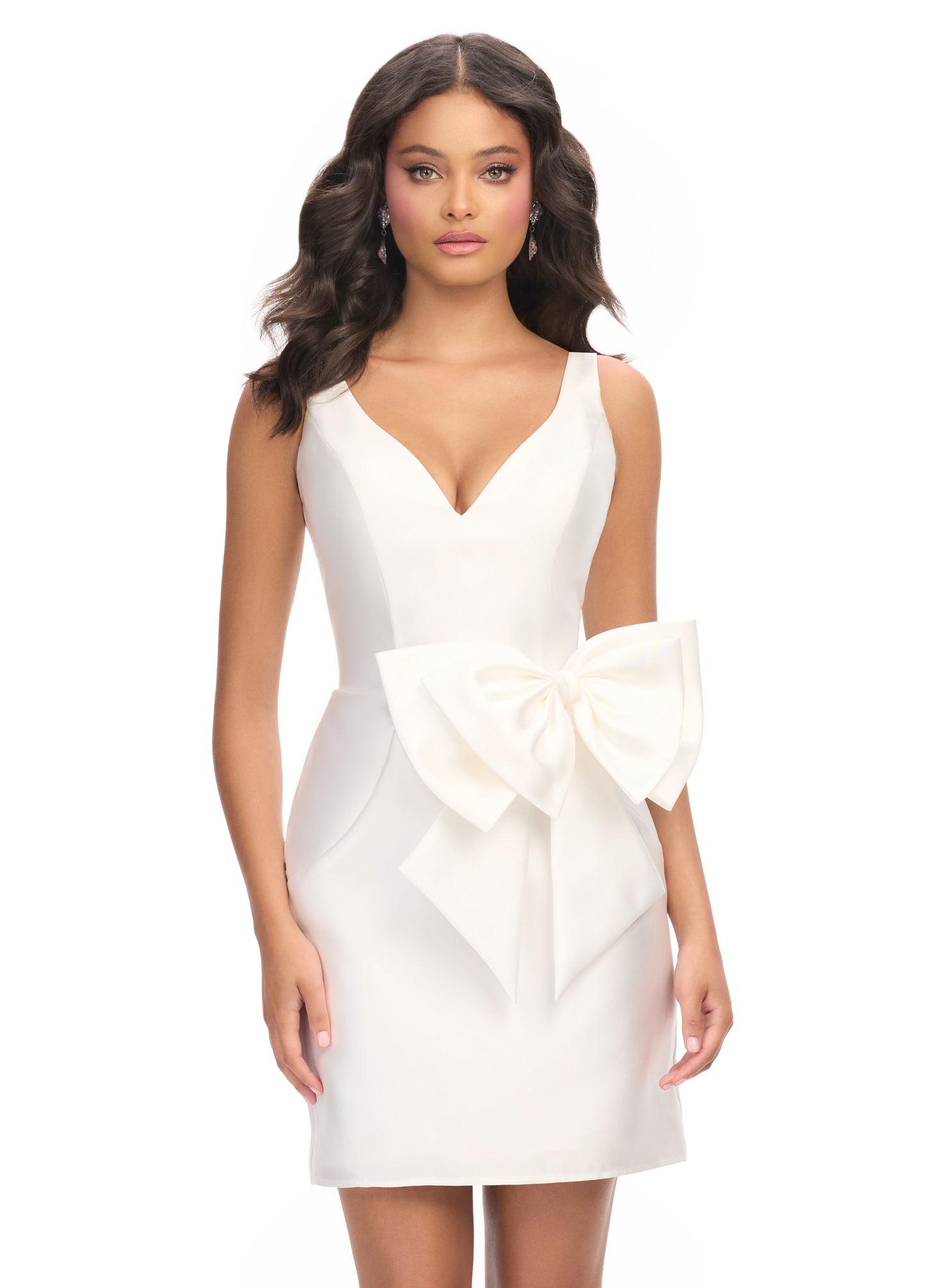 Ashley Lauren 4785 Mikato Cocktail Dress with Bow on the Hip Wide Straps V Neckline