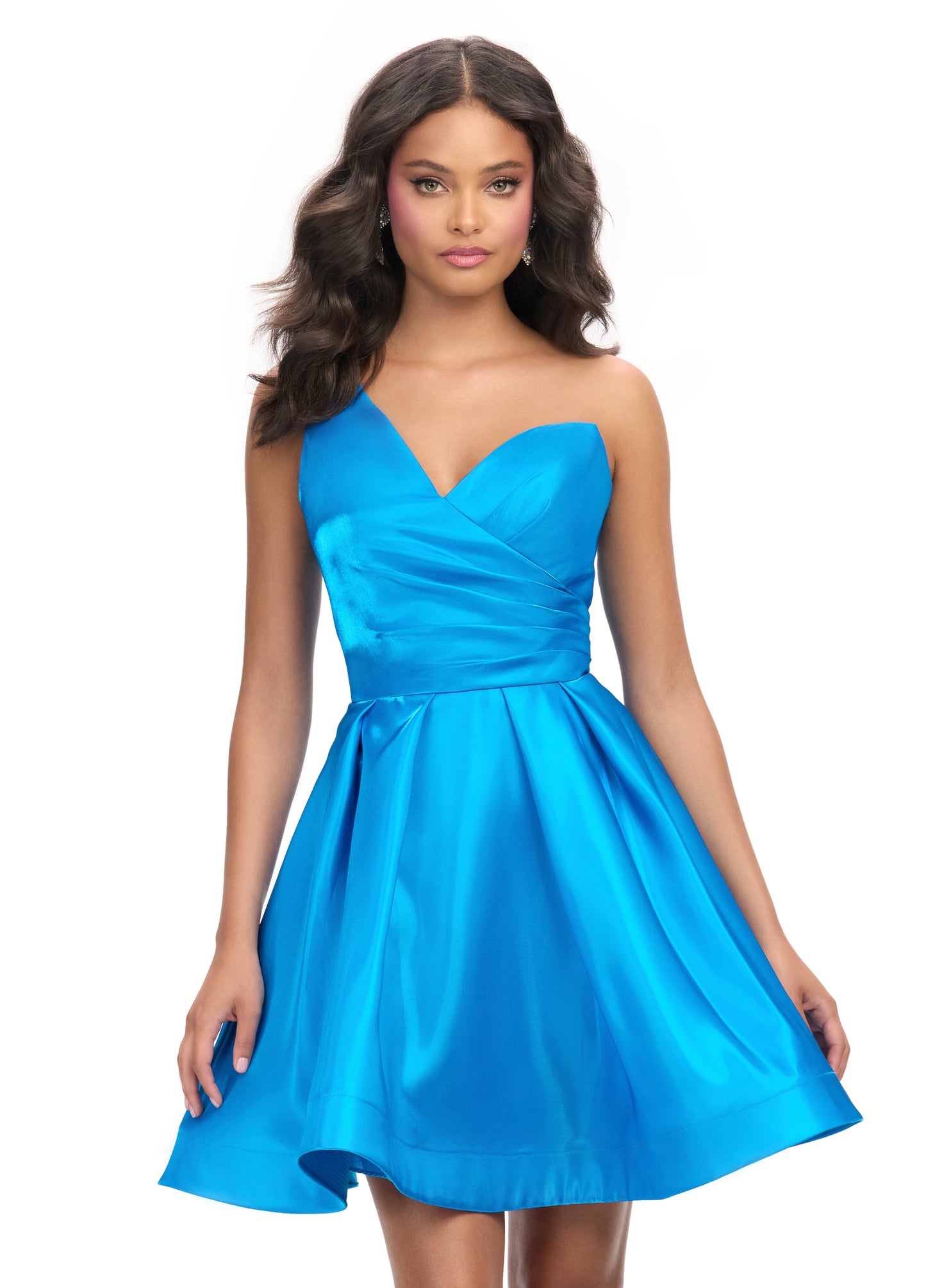 Ashley Lauren 4786 One Shoulder Satin Cocktail Dress Ruched Bodice A Line Skirt with Horsehair Trim