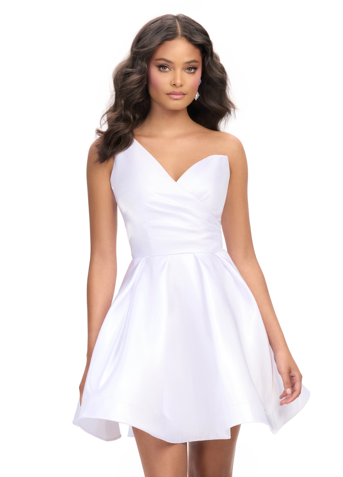 Ashley Lauren 4786 One Shoulder Satin Cocktail Dress Ruched Bodice A Line Skirt with Horsehair Trim