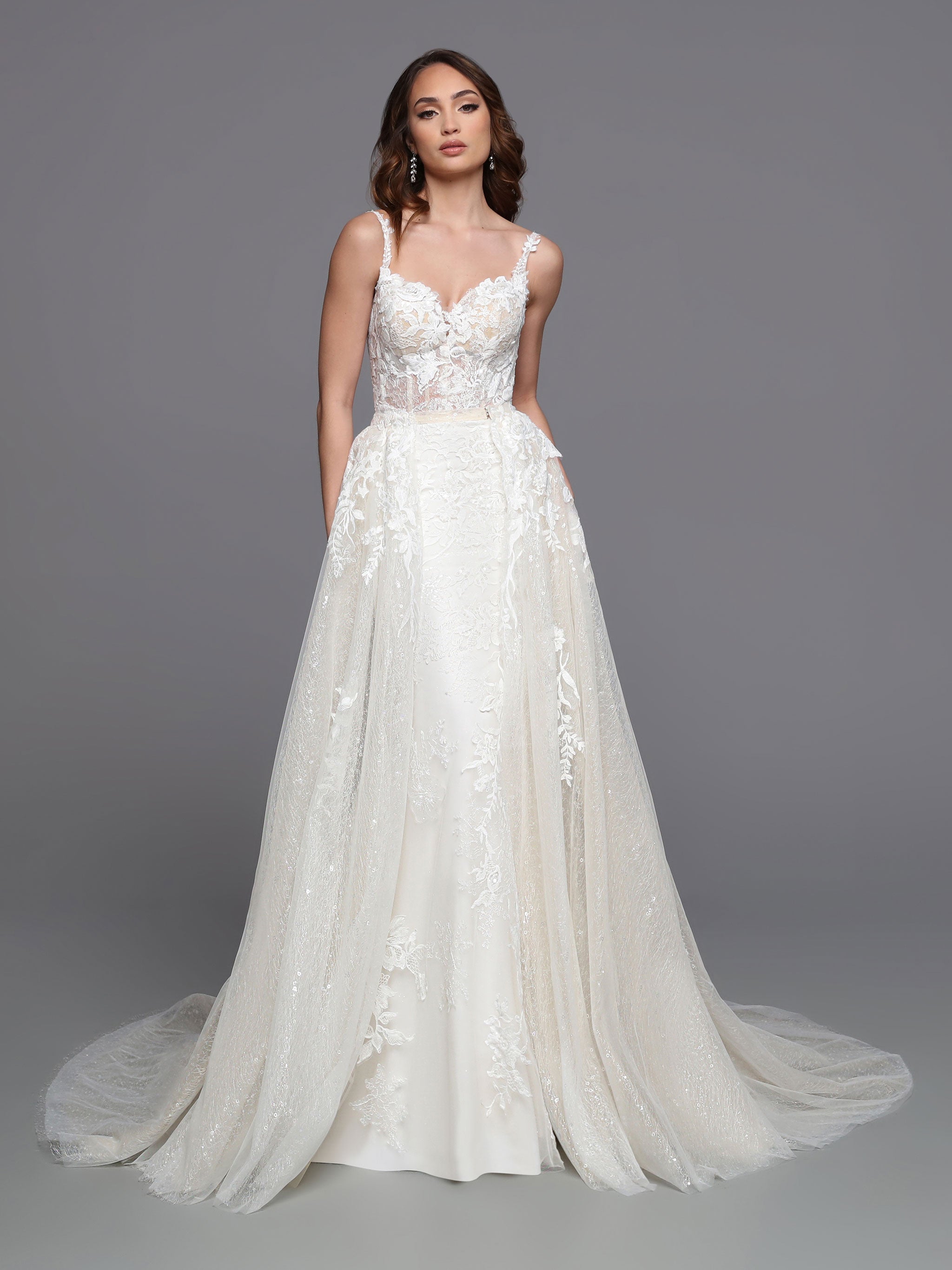 Davinci Bridal 50738 Long Lace Mermaid Wedding Dress Detachable Overskirt  Train Sequin