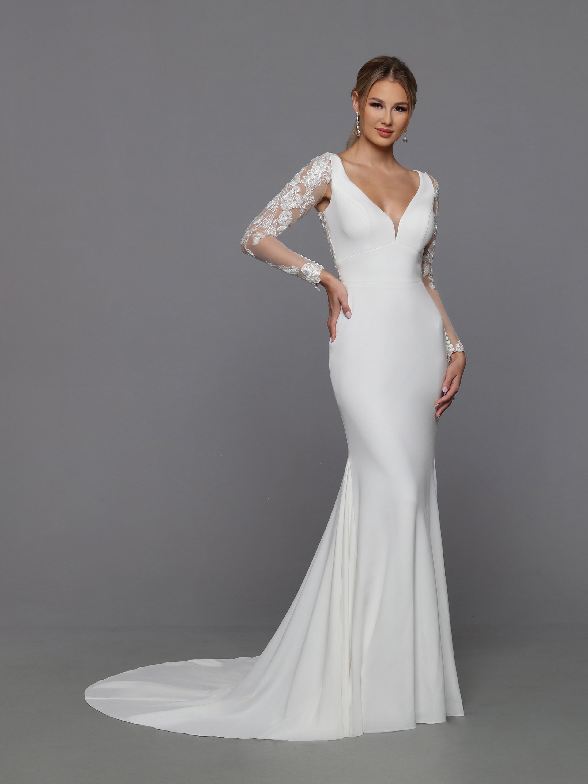 Davinci Bridal 50700 Long Sheer Lace V Neck Wedding Dress Flare Bridal Gown  Cutout Back
