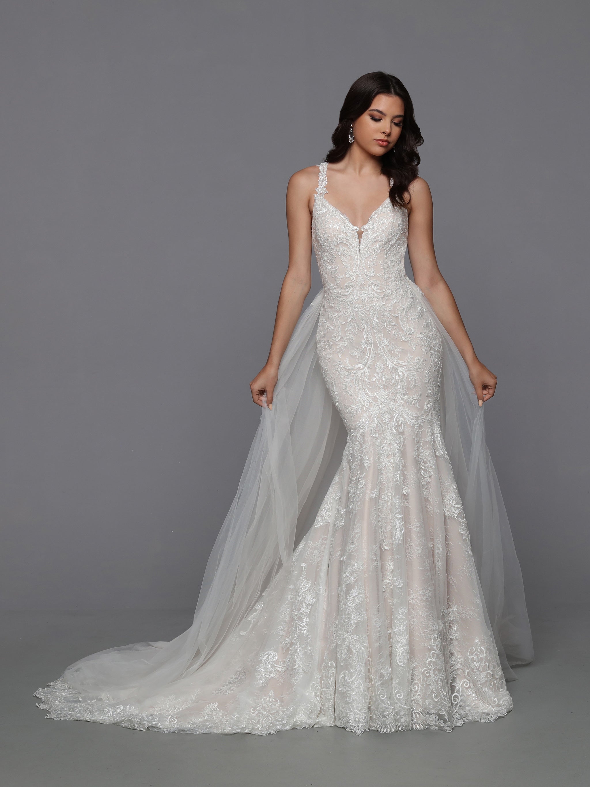 DaVinci Bridal 50783 Mermaid Fit and Flare Lace V-Neck Detachable Train Wedding Gown 10 / Ivory/Ivory