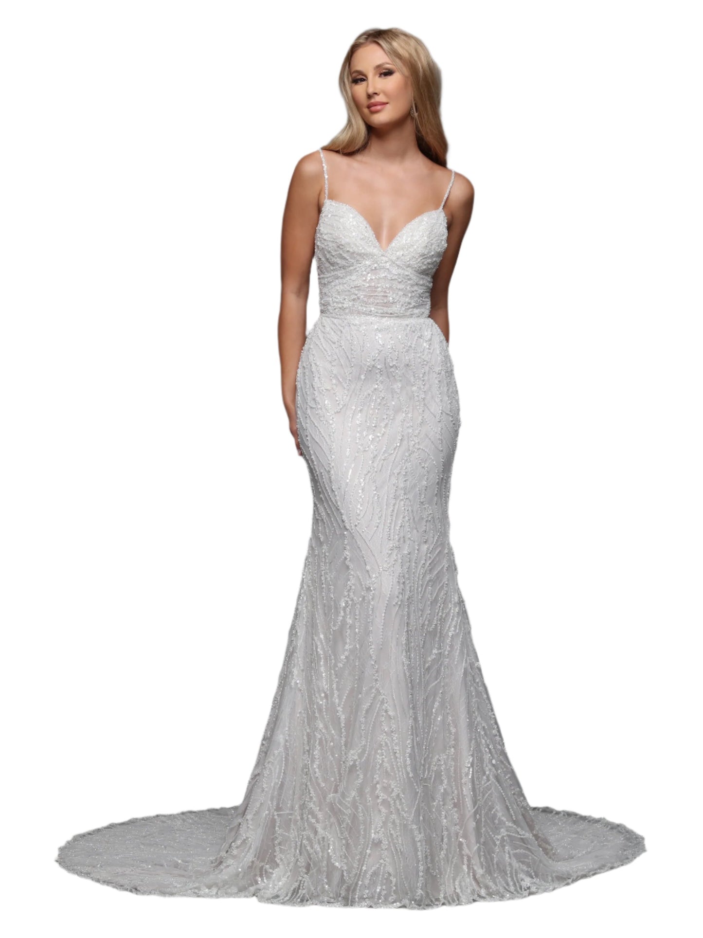 Shimmer and shine on your special day with the Davinci 50841 Sequin Beaded Lace Fitted Wedding Dress. Adorned with glittering sequins and delicate lace, this slip dress features beaded spaghetti straps and a flattering Empire-style waist. Walk down the aisle in style with this elegant and exclusive bridal gown.