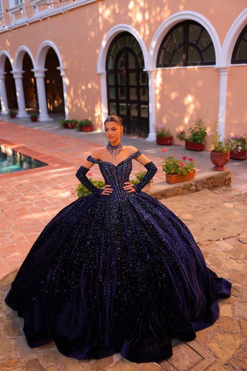 Amarra 54257 Quinceanera Dress Velvet Gloves Ball Gown Crystal Corset Necklace Off The Shoulder 14 Wine Glass Slipper Formals