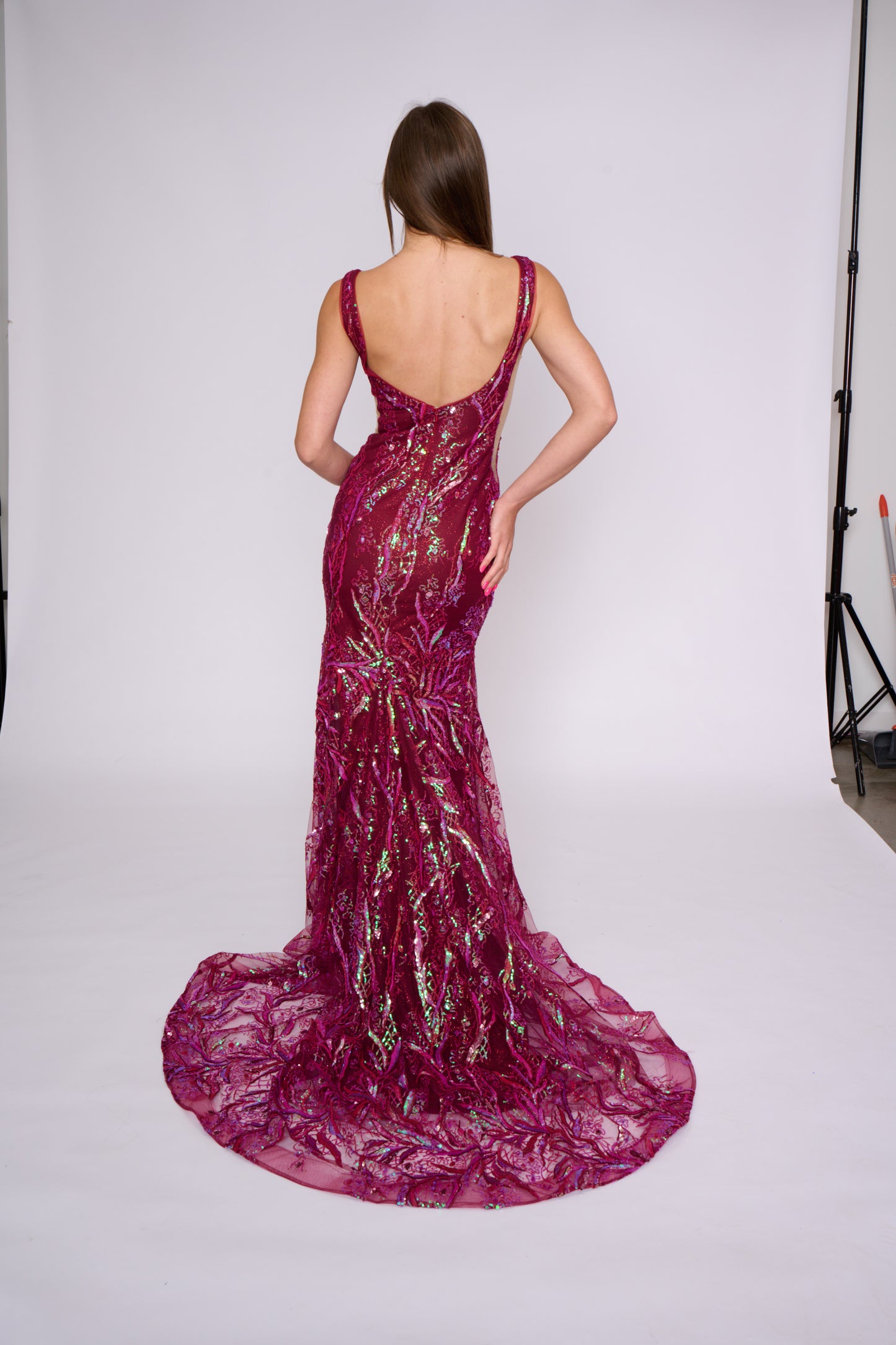 Nina Canacci 6628 Size 4 Burgundy Plunging Neckline Prom Dress Sheer Panels Fit and Flare Sequin Formal Gown