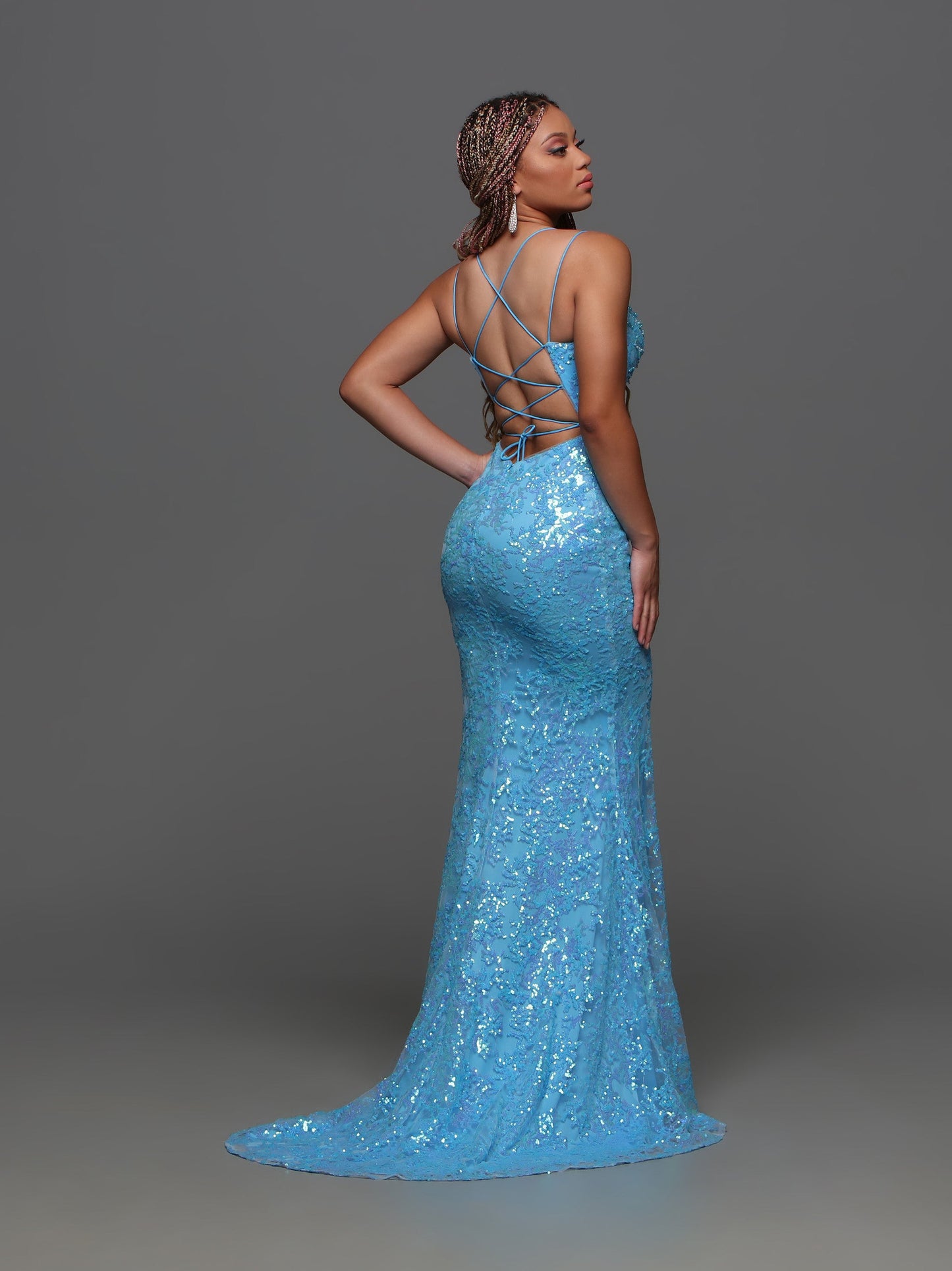 Candice Wang 72369 Size 6 Blue Sequin High Slit Backless Prom