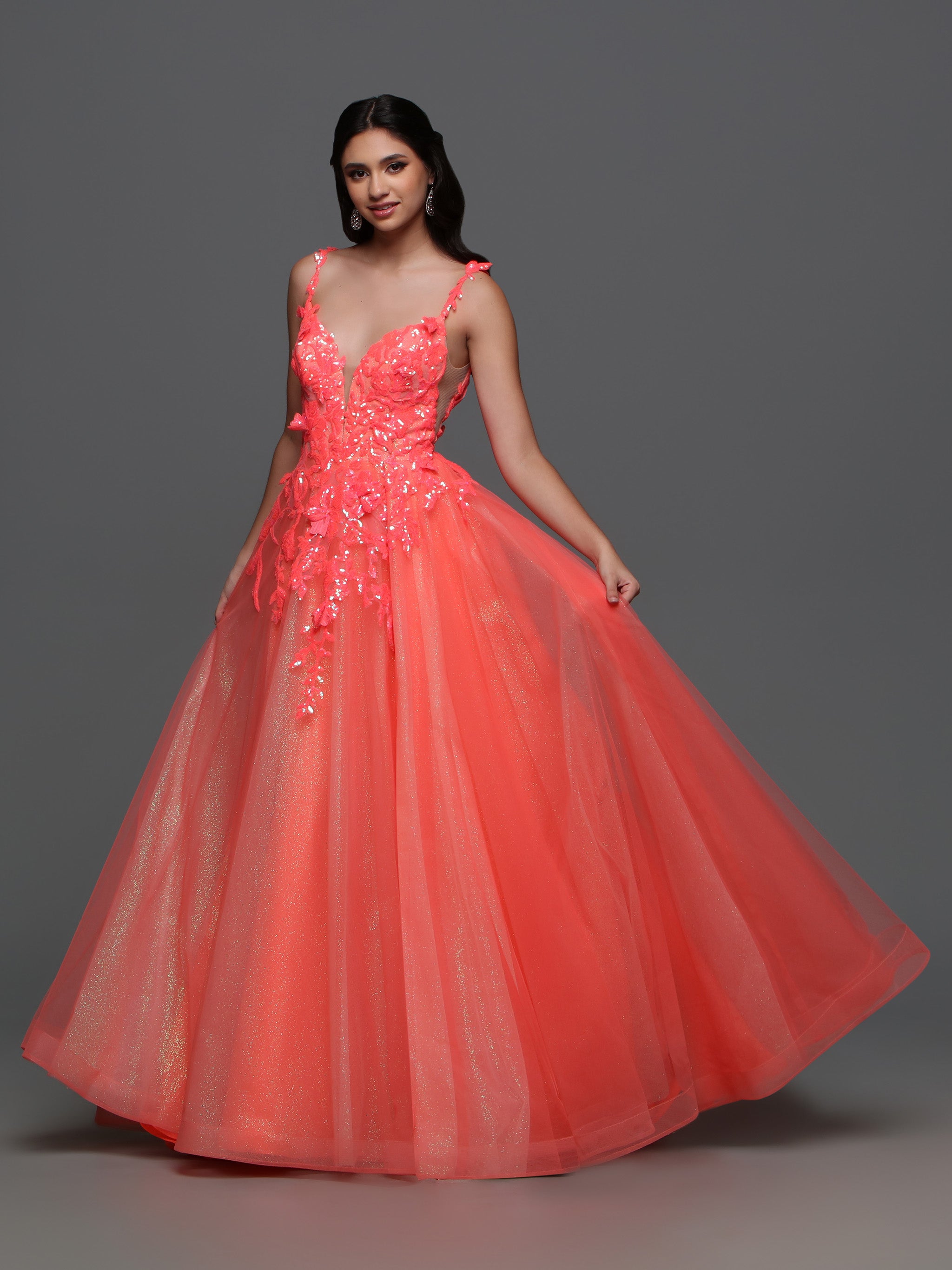 Candice Wang 72388 Size 8 Coral Long Shimmer Sequin Ballgown Prom Dress Glitter A Line Formal