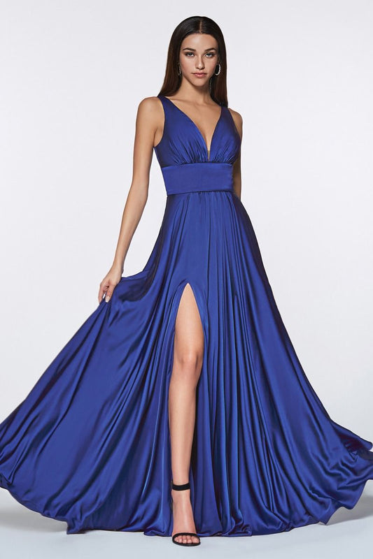 Ladivine 7469 Size 14,20,22,24 Royal Long Bridesmaids Simple Slit Satin Formal Dress V Neck A Line Evening Gown