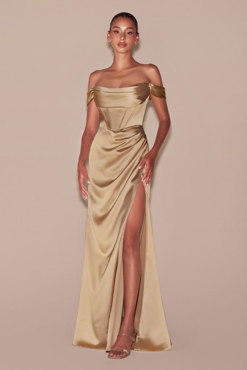 Ladivine 7492 Bridesmaids Dress Corset Prom Dress Satin Off the Shoulder Maxi Slit