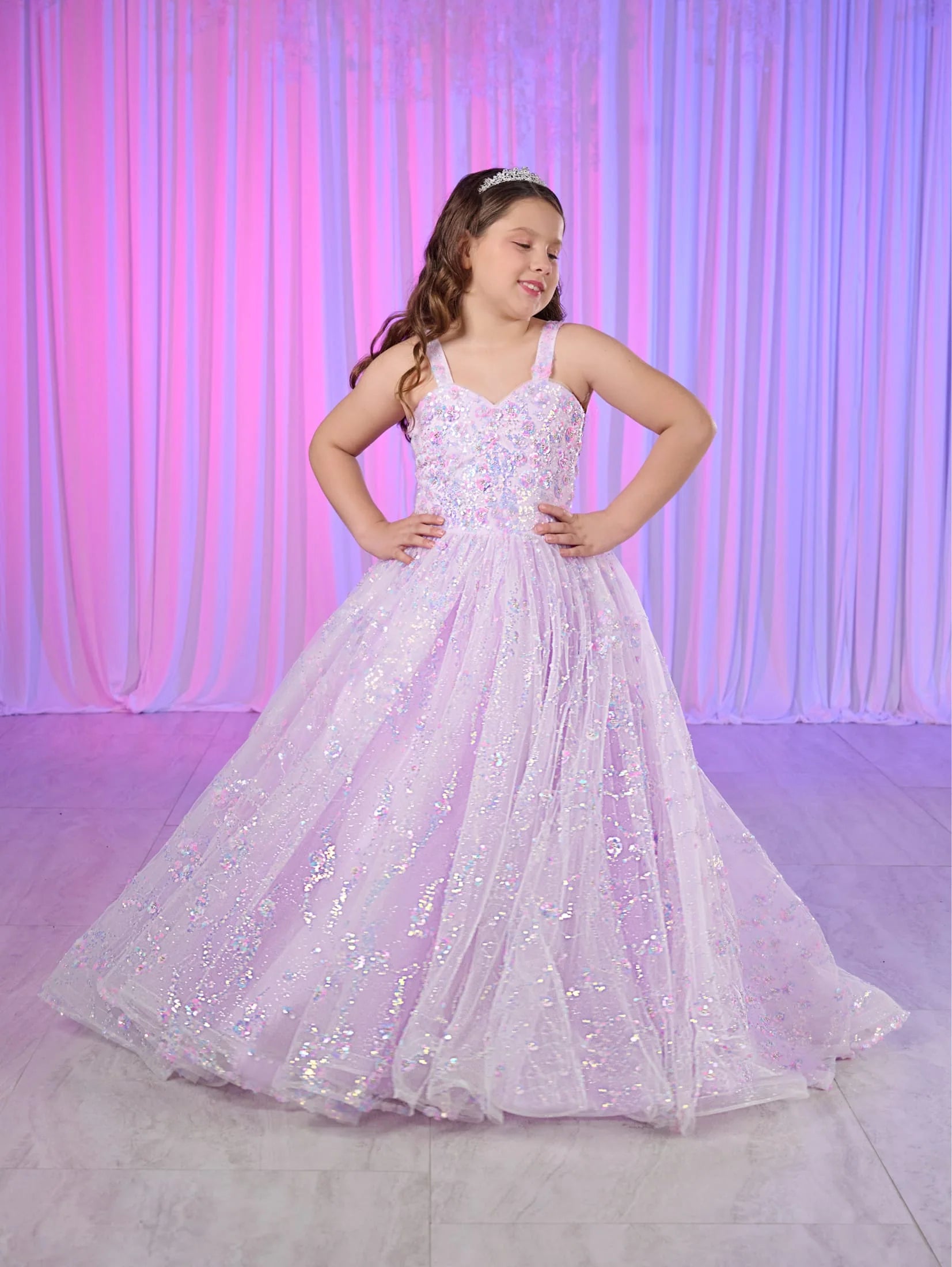 Rule the pageant with this dazzling Tiffany Princess 80026MQ sequin ball gown. With a corset style bodice and scoop neck, this dress will make you shine. The train adds an extra touch of elegance. Be the talk of the town in this show-stopping pageant dress.