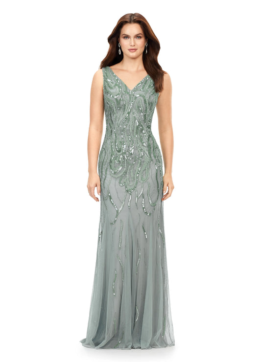 Ashley Lauren 11204 V-Neck Sequin V-Back Hand Beaded Sheer Long Evening Dress. This classic fitted gown features a v-neckline, v-back and a flattering bead pattern.