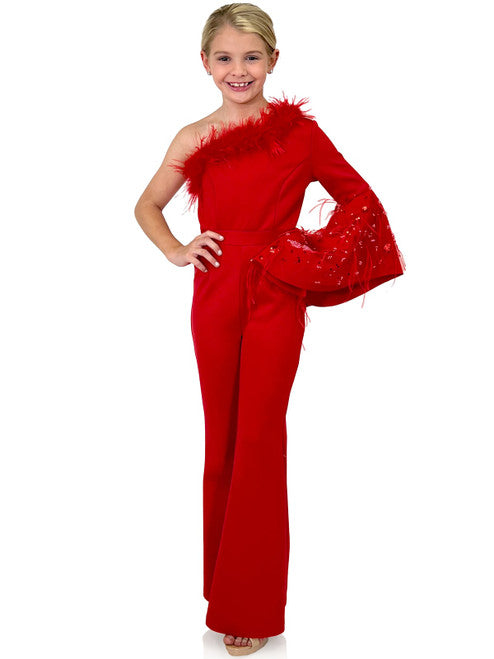 Marc Defang 8222K Size 4 Girls Pageant Should Jumpsuit Glass – Slipper Red One Formals Feather