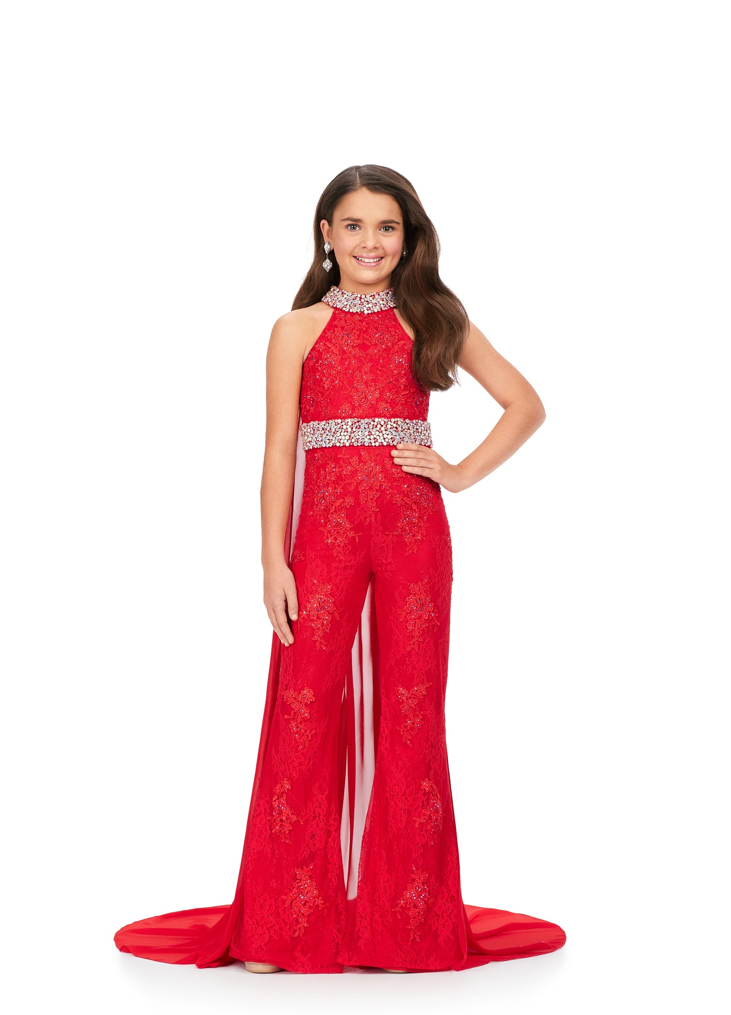 Ashley Lauren Kids 8225 Size 10 Red Girls Lace Crystal Jumpsuit Cape Bell Bottom Pageant Fun Fashion Wear Glass Slipper Formals