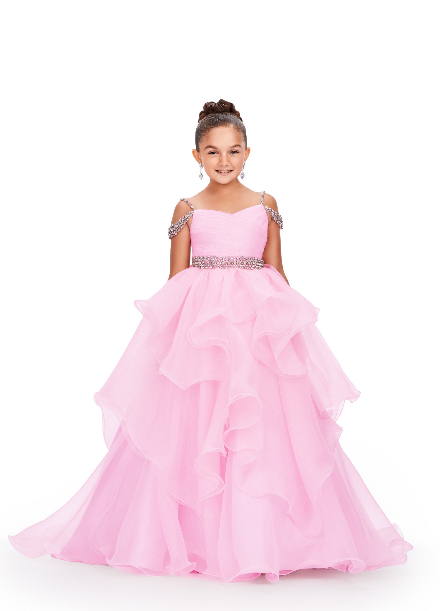 Ashley Lauren Kids 8250 A Line Ruffle Girls Pageant Dress off the Shoulder  Beaded Formal