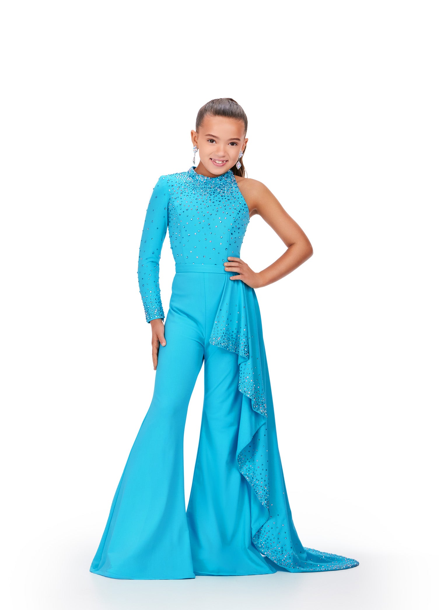 Ashley Lauren Kids 8253 Girls Pageant Jumpsuit Ruffle Train Long Sleev Glass Slipper Formals