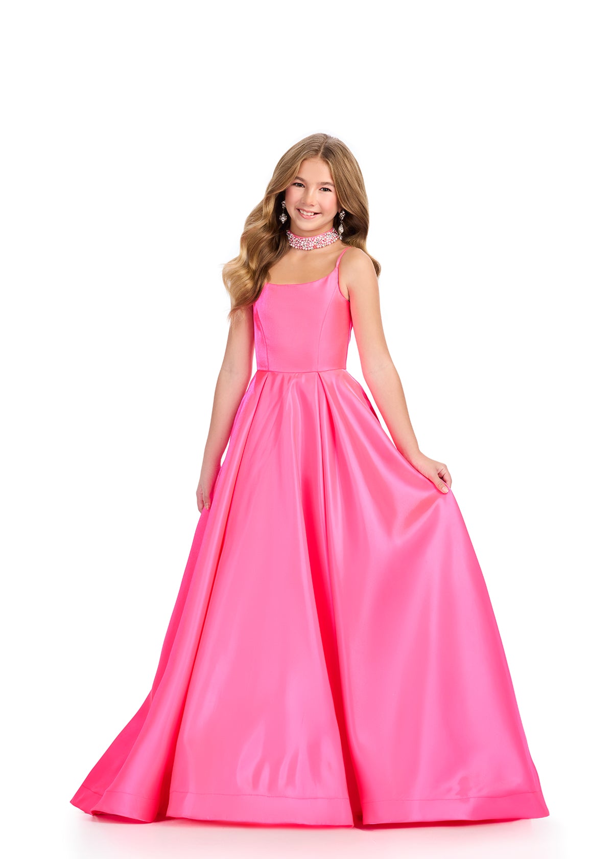 Indulge in luxury with the Ashley Lauren 8275 Girls Satin Ballgown. The satin material exudes elegance and the embellished choker adds a touch of sophistication. The scoop neckline and spaghetti straps create a flattering silhouette for any formal event. Elevate your little girl's look with this exquisite ballgown. Pageant

Colors:&nbsp; Orchid, Hot Pink, Peacock