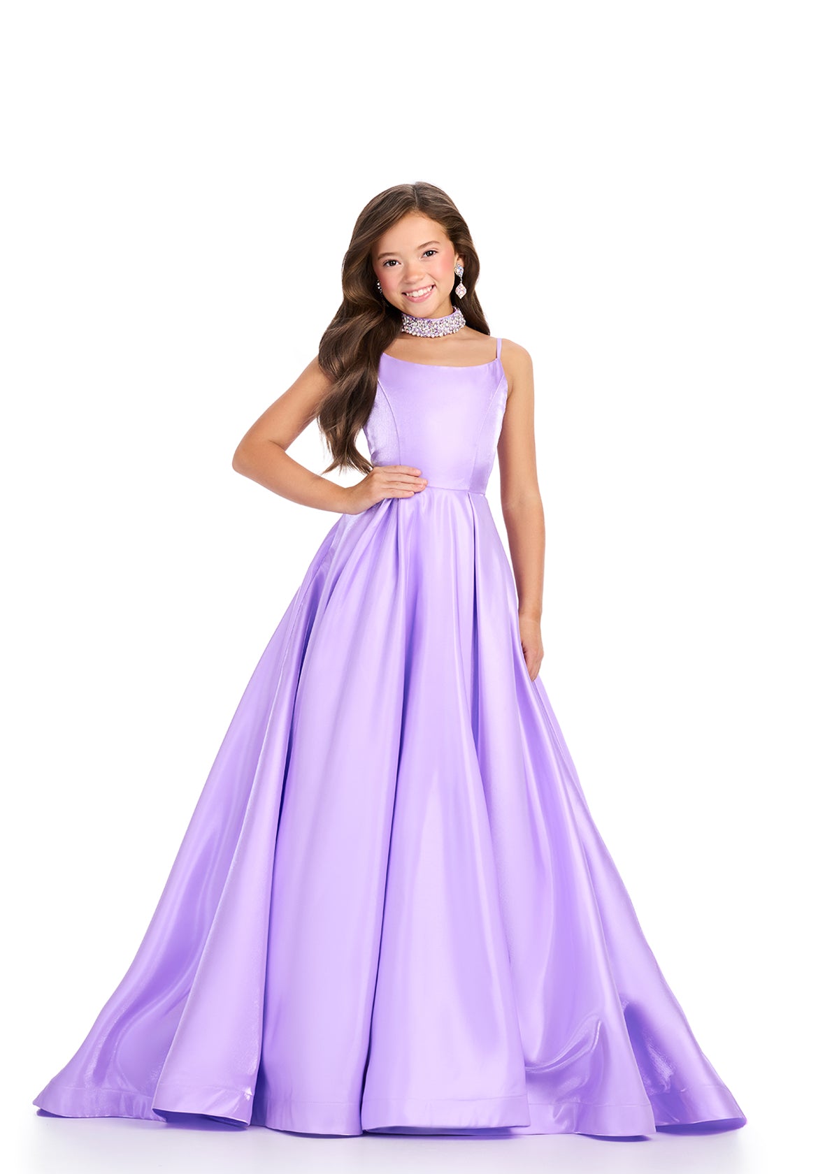 Indulge in luxury with the Ashley Lauren 8275 Girls Satin Ballgown. The satin material exudes elegance and the embellished choker adds a touch of sophistication. The scoop neckline and spaghetti straps create a flattering silhouette for any formal event. Elevate your little girl's look with this exquisite ballgown. Pageant

Colors:&nbsp; Orchid, Hot Pink, Peacock