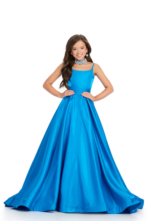 Indulge in luxury with the Ashley Lauren 8275 Girls Satin Ballgown. The satin material exudes elegance and the embellished choker adds a touch of sophistication. The scoop neckline and spaghetti straps create a flattering silhouette for any formal event. Elevate your little girl's look with this exquisite ballgown. Pageant

Colors:&nbsp; Orchid, Hot Pink, Peacock